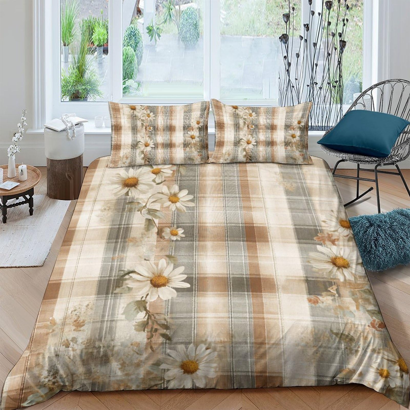 Ctjqhvkz Style-10 3D Printed Daisy Plaid Fitted Sheet Microfiber Soft Beige Floral Bed Cover For Bedroom Guest Room Decor Protection Single（135X200cm）