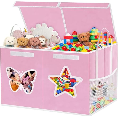 Toy Box for Girls-Large Toy Chest Organizers and Storage with Star Butterfly Transparent Windows,Double Flip-Top Lids,2 Sturdy lengthen Handles and 2 Mesh Bags for Kids,Boys,Nursery,Play Room(Pink)