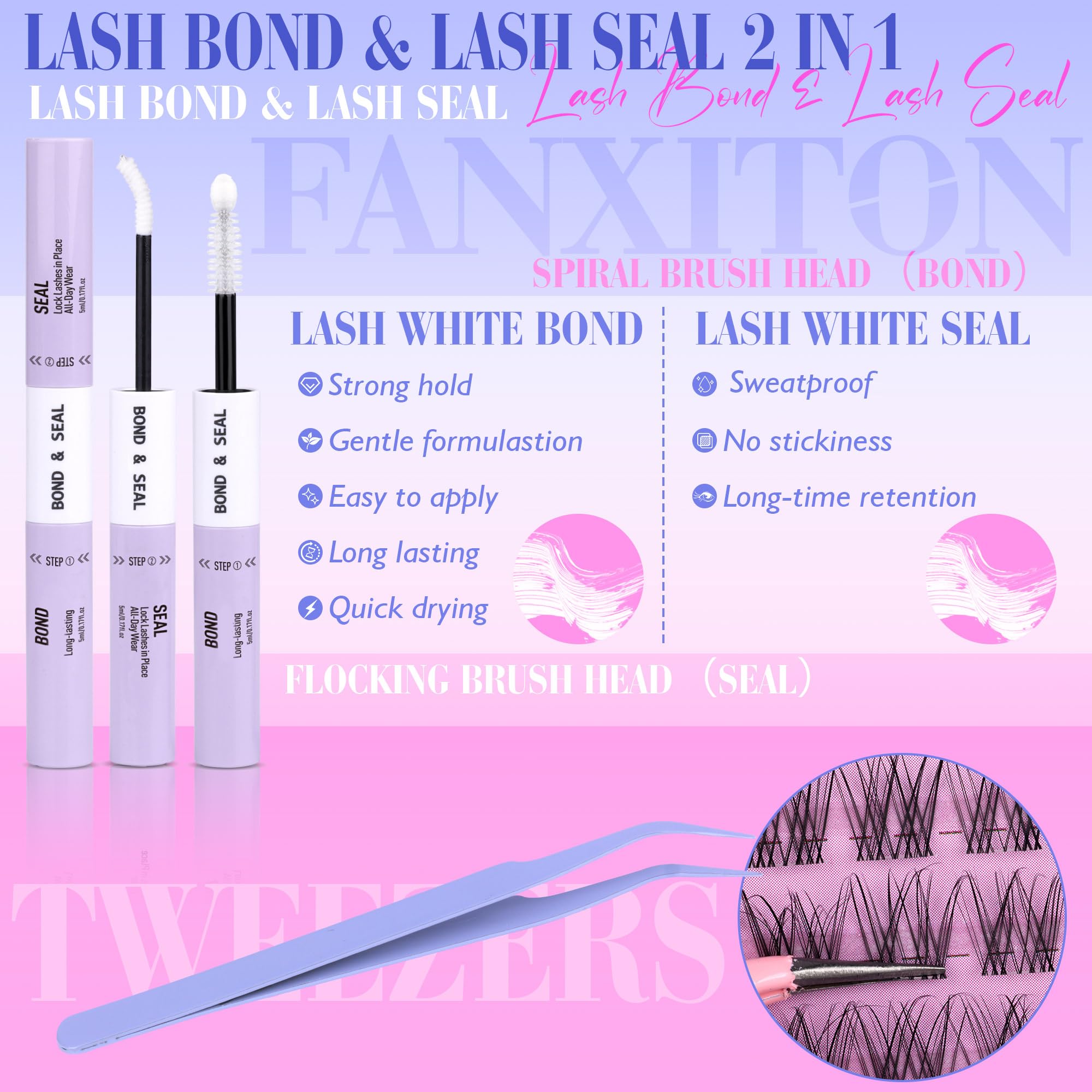 FANXITON DIY Individual Eyelash Extension Kit, Thick Volume Lash Clusters 40D+50D D Curvature, 280 Pieces Thin Band Cluster Lashes with Bond and Seal Tweezers
