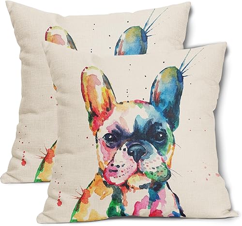 Juego de 2 fundas de almohada de bulldog francés con acuarela, de 16 x 16 pulgadas, diseño de arcoíris, divertido perro, animal, para cachorro,