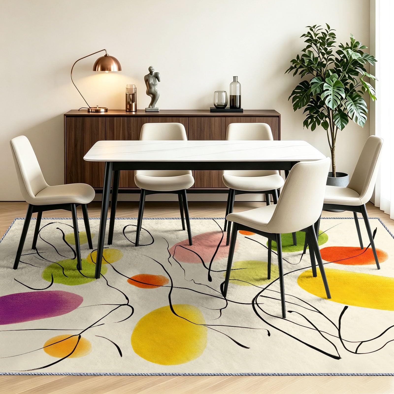 Générique Tapis Salon 80 x 150 cm Formes Organiques Géométrique, Tapis Style Artiste Moderniste, Lavable Antidérapant, Decoration Chambre Maison, Poil Ras, Doux, Crème