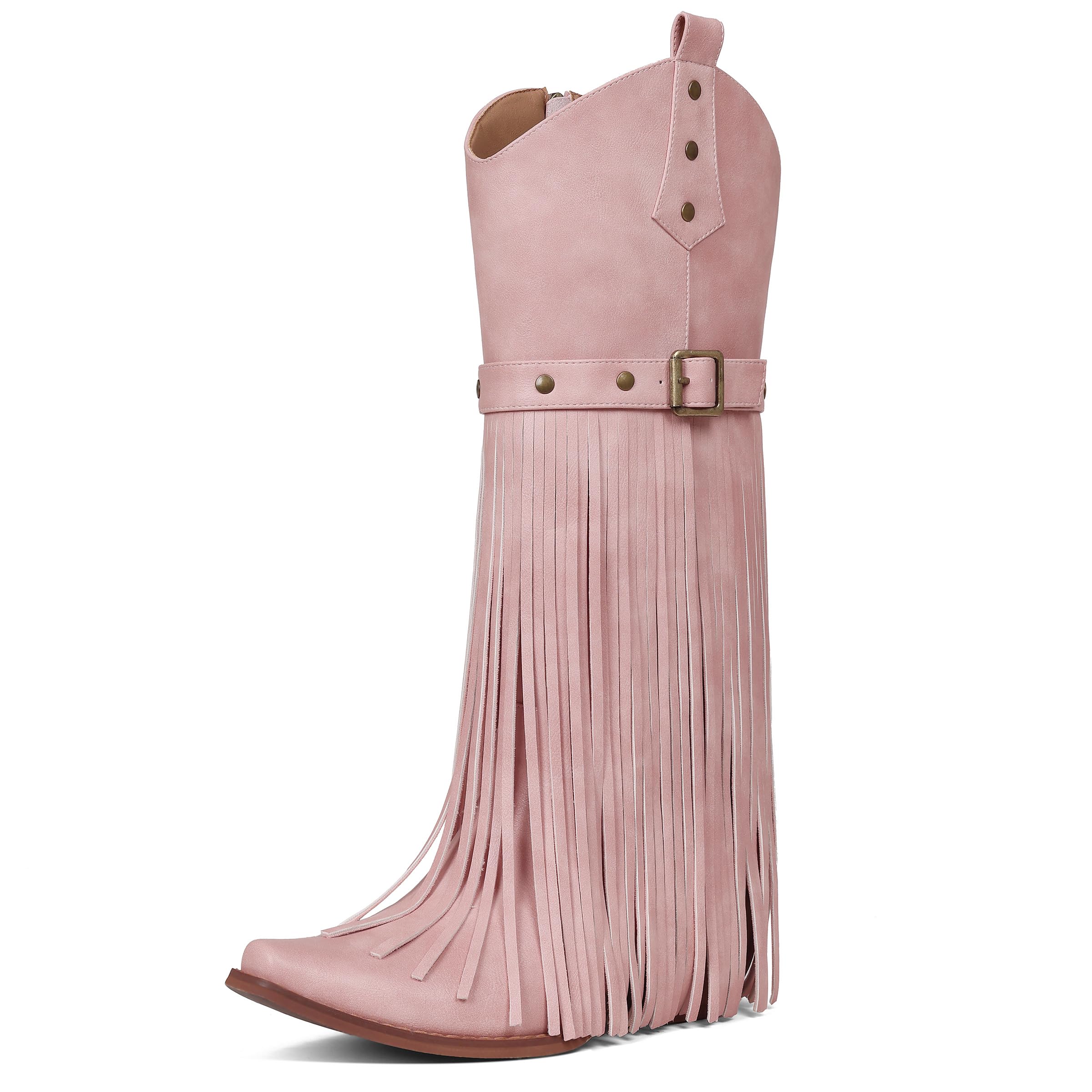Fringe Cowgirl Boots for Women Retro Square Toe Side Zipper Block Chunky Heel Tassel Country Concert Outfits Mid Calf Western Cowboy Boots-image-19