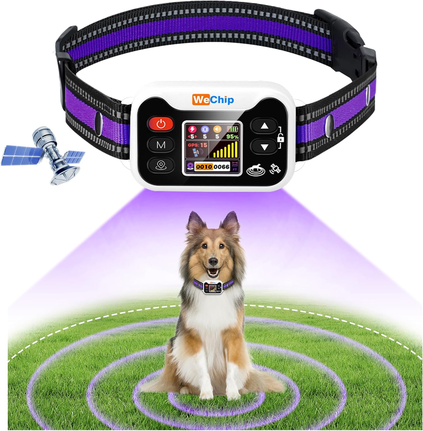 WeChip Wireless GPS Dog Fence Collar - 3 Alerts (0-9 Levels), 66-6560FT Radius, 122H Rechargeable Battery.Waterproof Shock Collar for Lawns, Farms & Walks. (Purple)