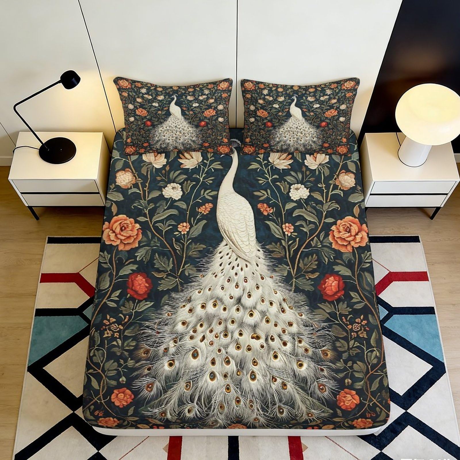 3D Printed Peacock Floral Fitted Sheet Microfiber Soft Non Slip Mattress Cover Machine Washable for Bedroom Guest Room Decor 160x200x25cm