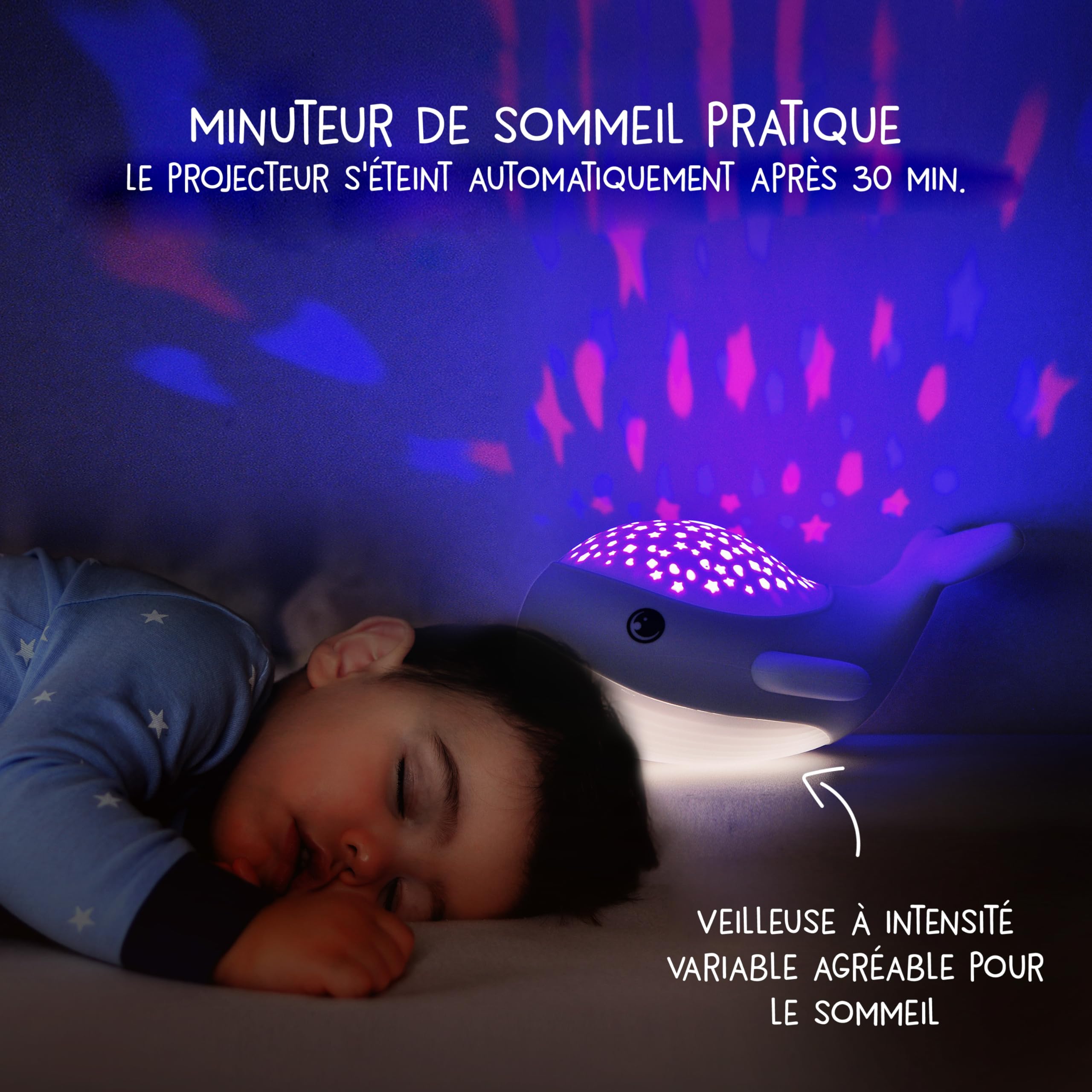 MegaLight Veilleuse ciel étoilé pour bébé | Projecteur 2 en 1 + veilleuse pour enfant | Veilleuse blanche chaude & projecteur d'étoiles RVB en 3 couleurs | Willy WHALE