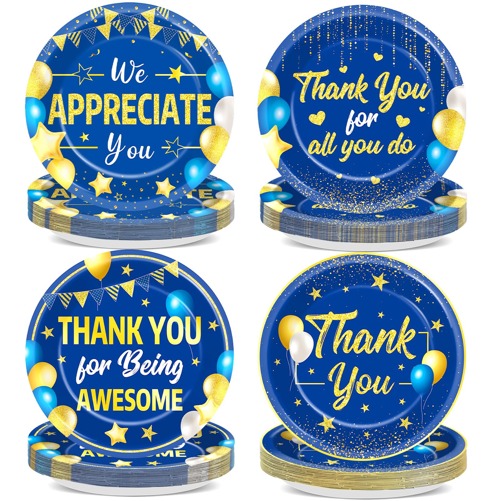 48 platos de papel dorados azules con texto en inglés «We Appreciate You», suministros para fiestas de agradecimiento, vajilla de agradecimiento, platos desechables para profesores, empleados, médicos