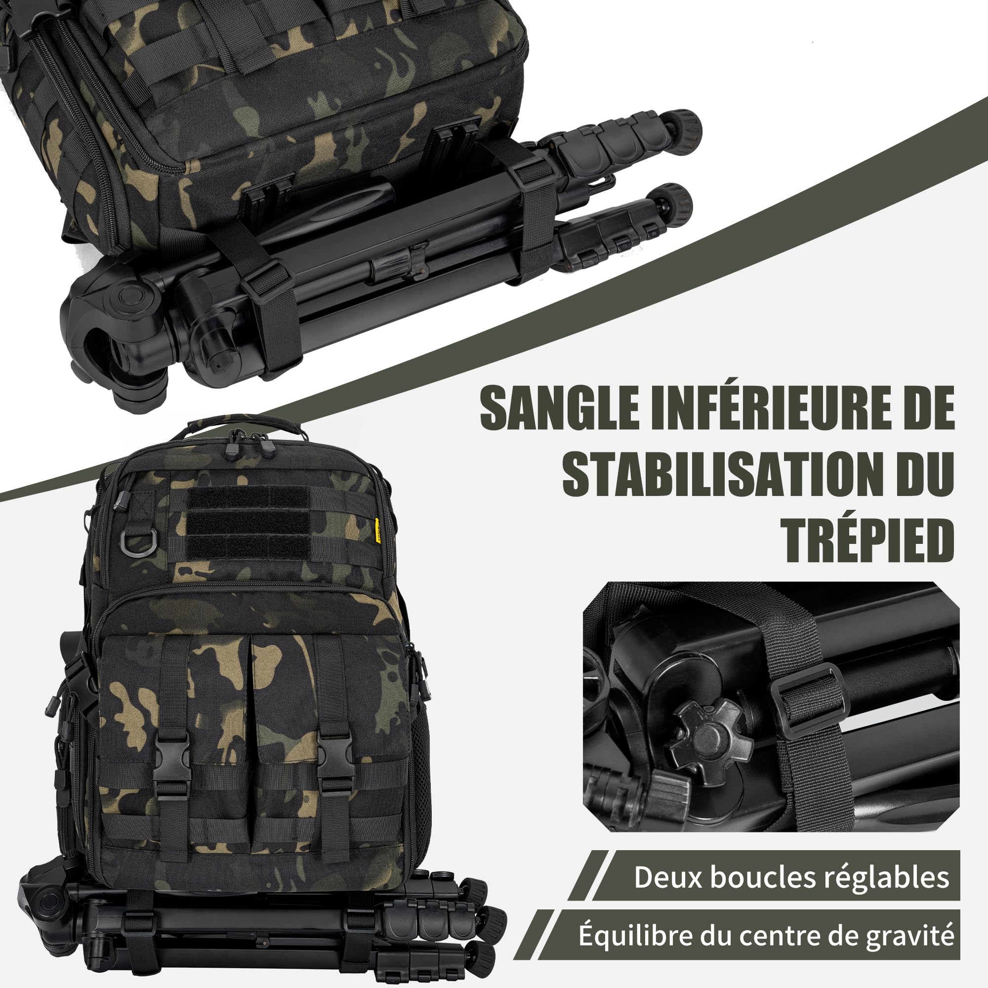 OUUTMEE Sac à Dos pour Appareil Photo pour DSLR/SLR, Étanche (Camouflage noir)