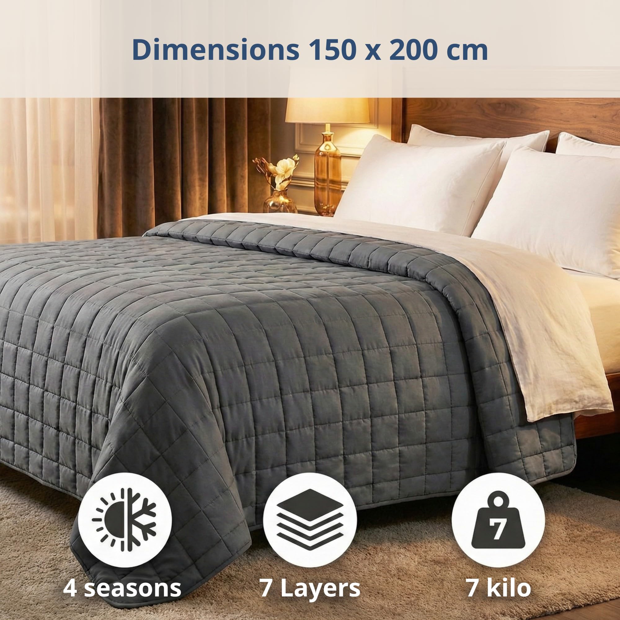 Vonia Coperta Ponderata Per Adulti - 7 Kg, Grande Copriletto In Cotone 150X200 Cm Per Alleviare L'Ansia | Coperte Doppie Pesanti Per Letto E Divano - Grigio