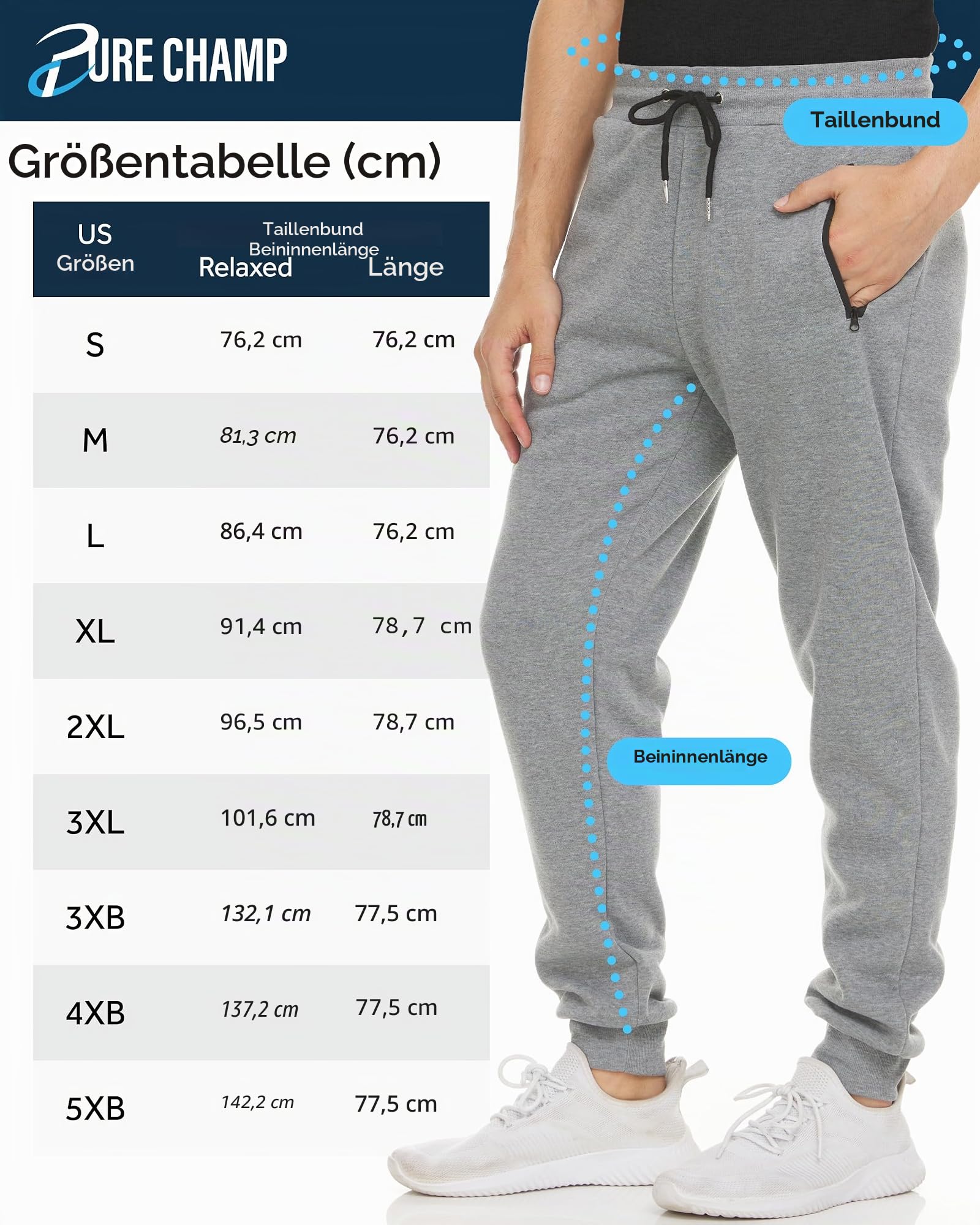 Pure Champ Herren-Jogginghose aus Fleece, 3er-Pack, mit Reißverschlusstasche und Kordelzug, Größe S-3XL