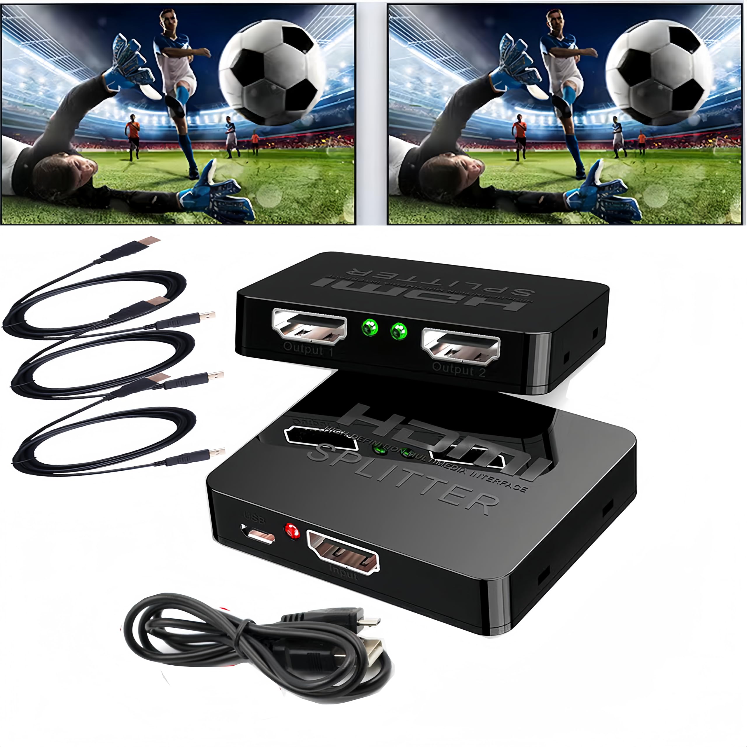 HDMI Splitter 1 in 2 Out【with 3HDMI Cables + 1USB Strip Power Cable 】 1×2 Power HDMI Splitter/Distributor 2 Ports for Dual Monitors Copy/Mirror