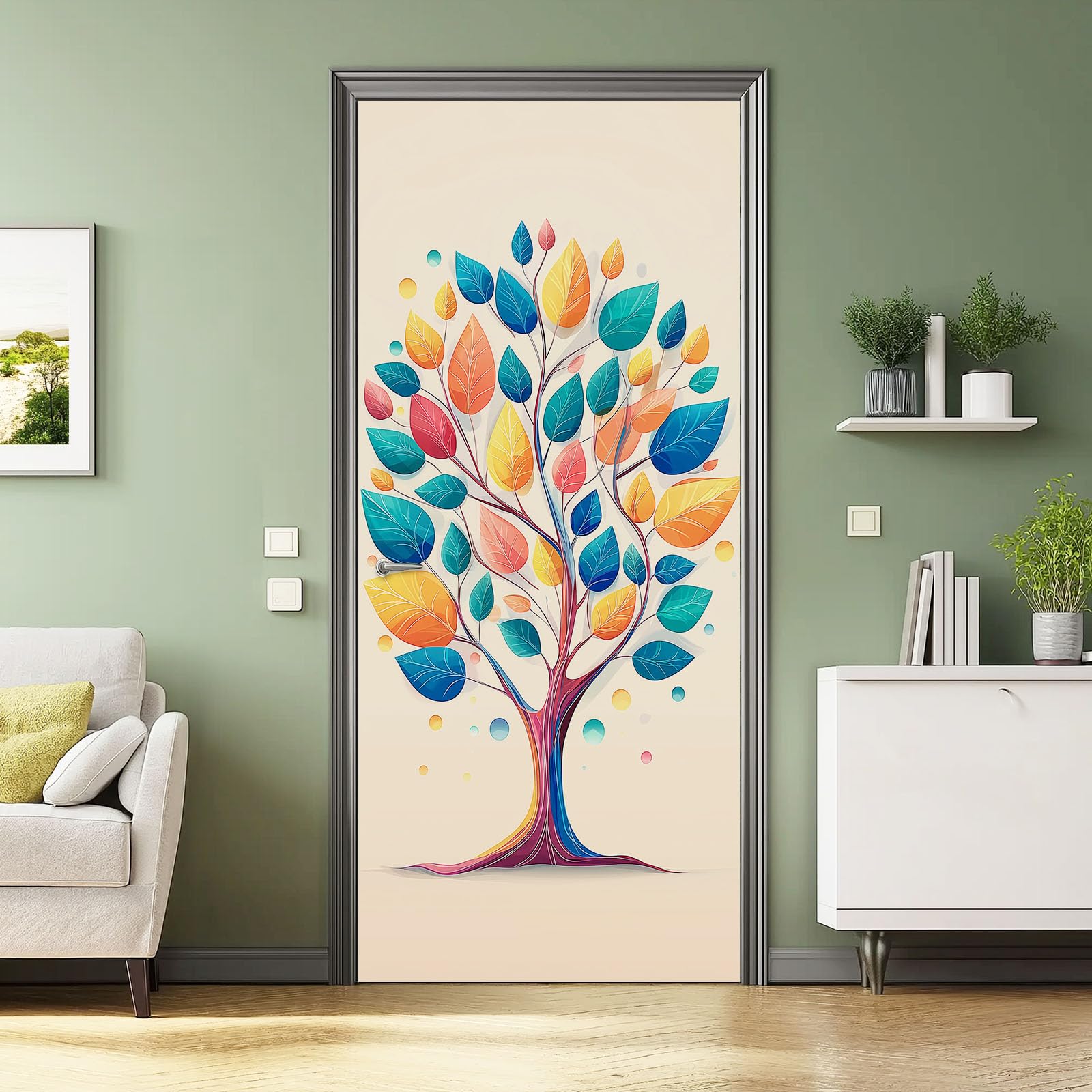 Prosta naklejka na drzwi, drzewo, 80 x 210 cm, roślina, drzewo życia, PCW, samoprzylepna, fototapeta, beżowa, wodoszczelna, winylowa, zdejmowana naklejka na drzwi, do łazienki, pokoju dziecięcego