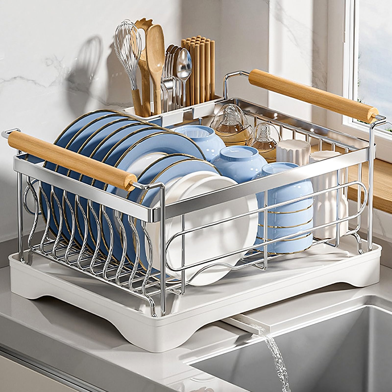 Stainless Steel Over Sink Dish Drying Rack Small Compact Kitchen Sink Caddy Organizer with Drain Hole and Drip