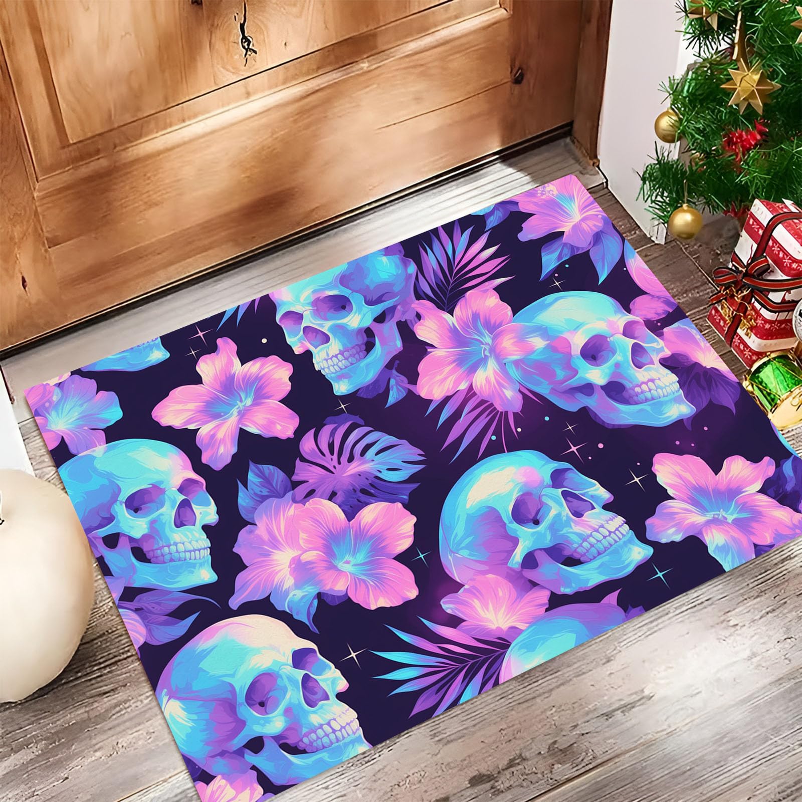 Tapis entrée intérieur 80x120cm crâne rose violet pour déco de cuisine et lit