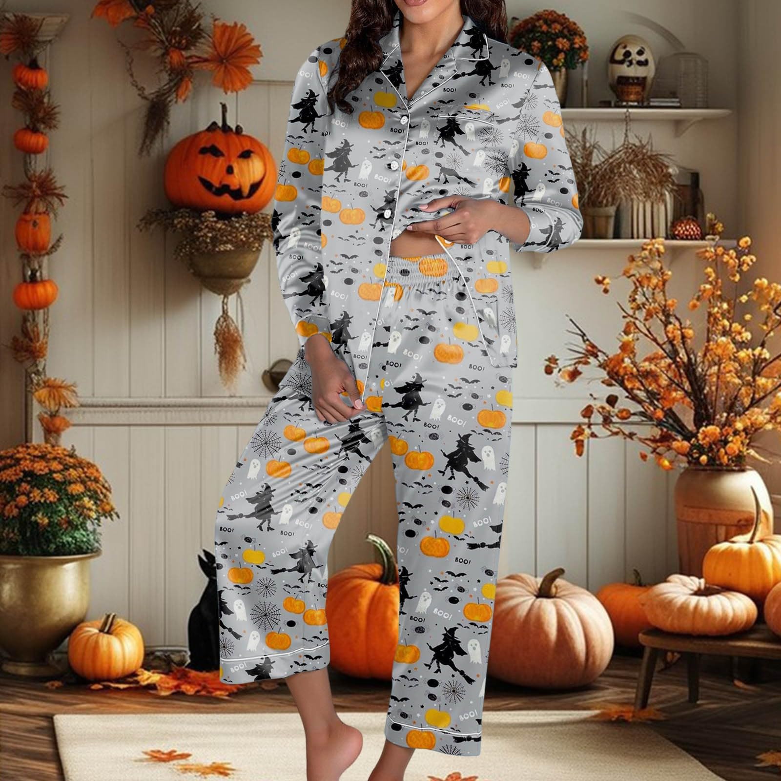 Genérico Pijama Mujer Manga Larga - Conjunto de de Halloween para Mujer de Manga Larga cómodo y Acogedor para Estar en casa para otoño e Invierno Informal