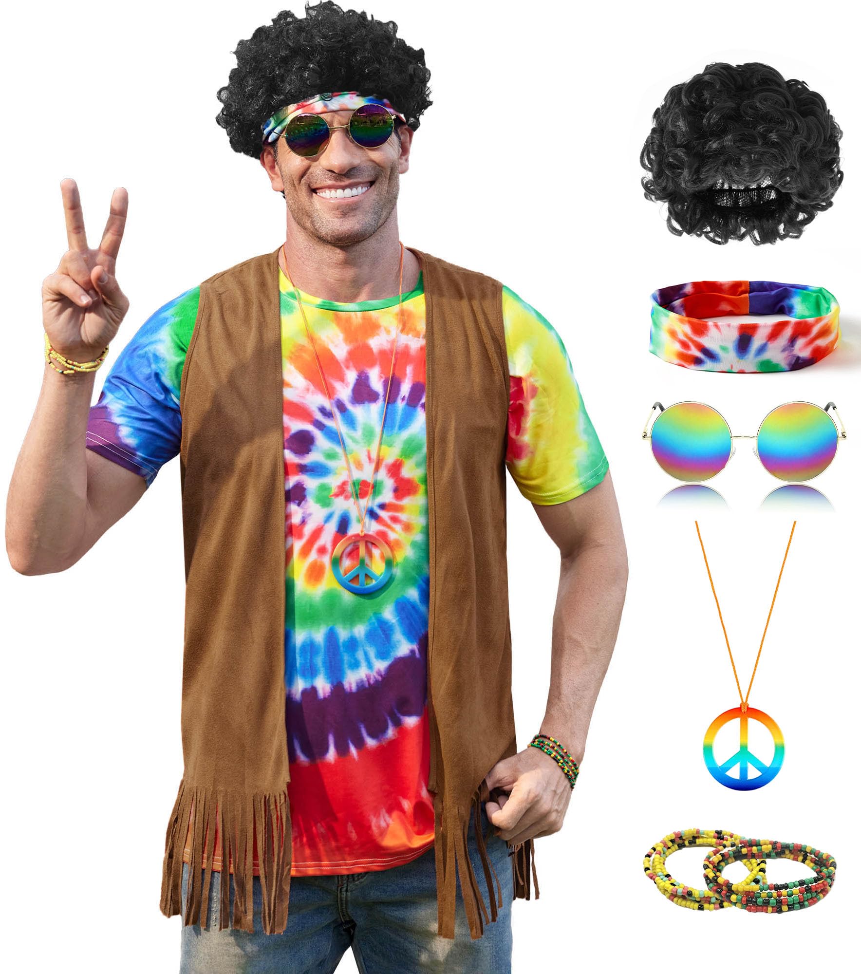Mainfini Mens 60s 70s Outfits Hippie Costume Retro Colorful Themed Party Shirt (S-3XL)