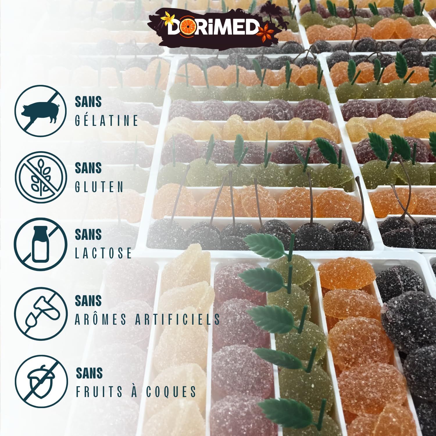Pâtes de Fruits saveurs fruits des vergers 1 Kg, saveurs (pommes vertes, abricots, cerises noires, prunes, poires jaunes),sans Gluten,sans conservateur,sans colorant et sans arômes artificiels.