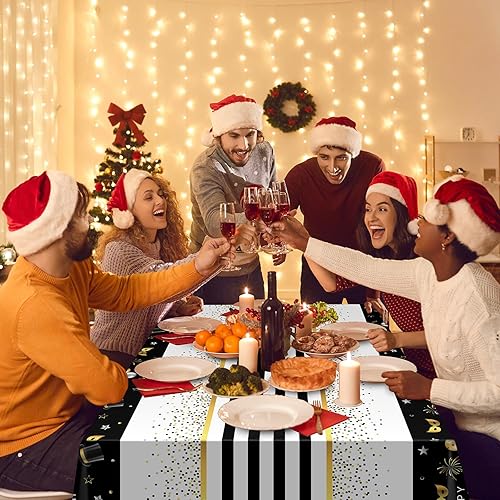 Miniatura 6 de 3 manteles de Año Nuevo, manteles desechables de plástico negro y dorado para Año Nuevo, manteles rectangulares para decoración y suministros de
