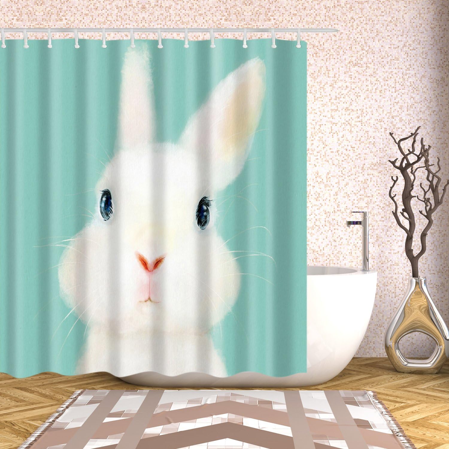 Fangkun Shower Curtain Art Bathroom Decor White Rabbits, Waterproof Polyester Fabric Bath Curtains Set, 12pcs Shower Hooks - Image 3