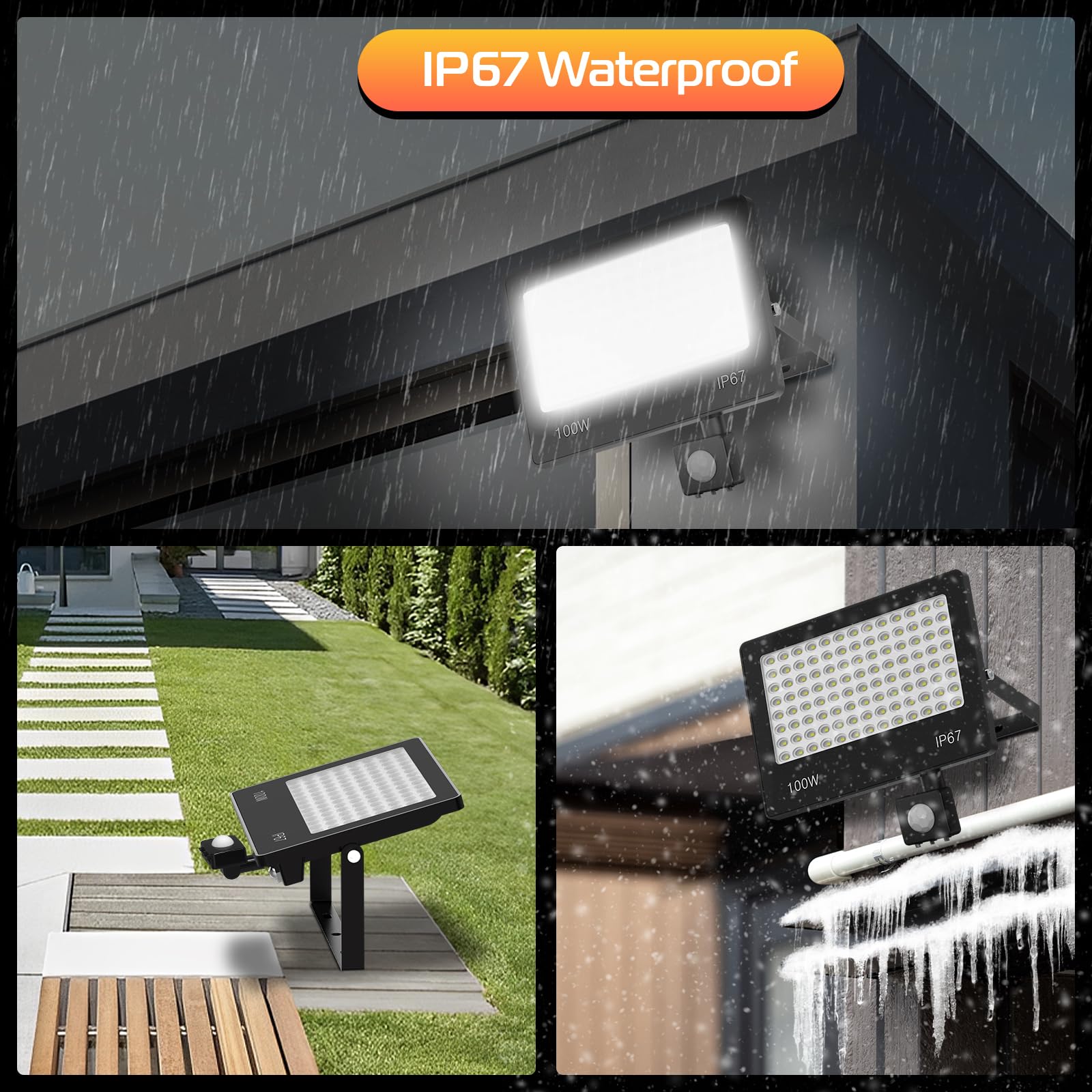 100W 10000LM Strahler mit Bewegungsmelder Aussen, 2 Stücke 104 LEDs Fluter Super Hell Kaltweiß LED Scheinwerfer 6500K, IP67 Wasserdicht Außenstrahler für Garten, Innenhöfe, Garage, Fahrbahn