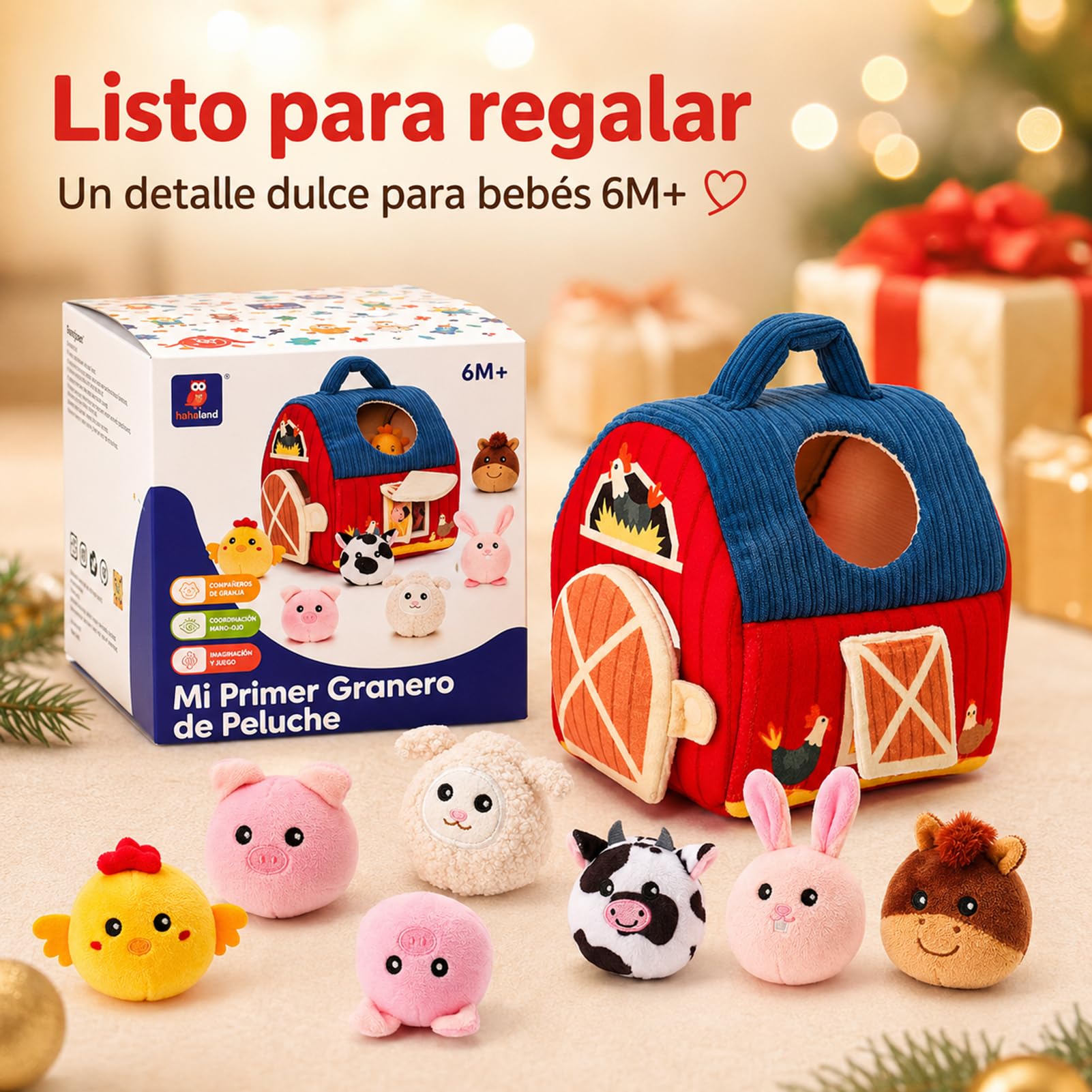 hahaland Juguetes Bebes 6-12 Meses - Animales Granja Montessori Juguetes Niños 1 año - Juguete Interactivo Sensorial Blandito Regalo Bebe 6 9 12 Meses Niño Niña
