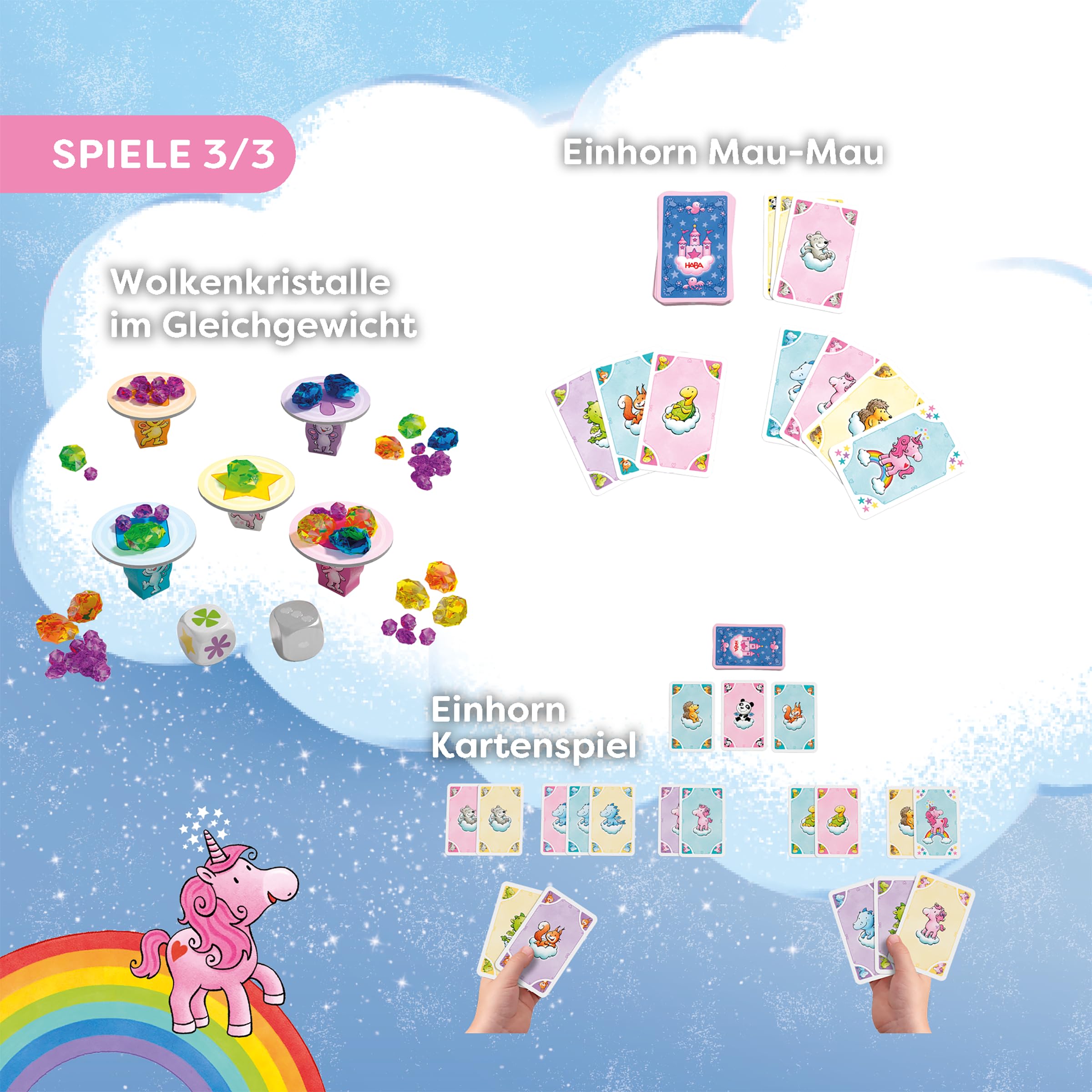 HABA Unicorno Glitter Felice – Collezione di Giochi dai 3 Anni in su, con 9 Diversi Giochi di Dadi, Carte e da Tavolo per 2-4 Bambini, spiegati Semplicemente – 2012231001