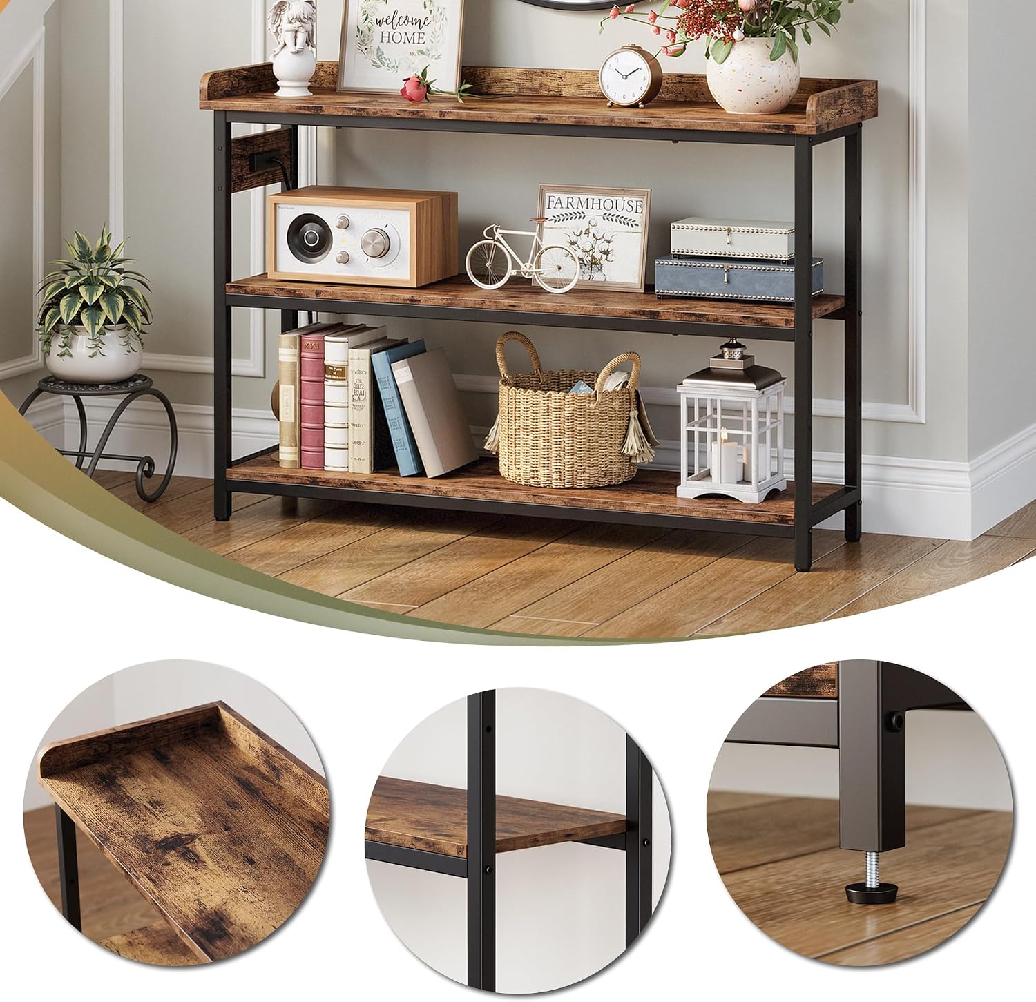 IRONCK Console Table, Sofa Table with Power Outlet, Farmhouse Hallway Table for Entryway, Living Room, Height Adjustable, Easy Assembly, Rustic Brown, 43"