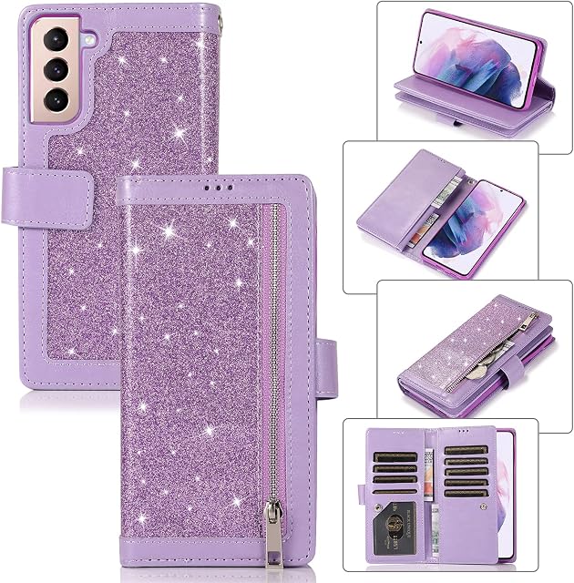 EYZUTAK Wallet Case for Samsung Galaxy S21 FE 5G, Magnetic Handbag Zipper Pocket PU Leather Flip with 9 Card Slots and Wrist Strap Folio TPU Inner Stand Case - Purple