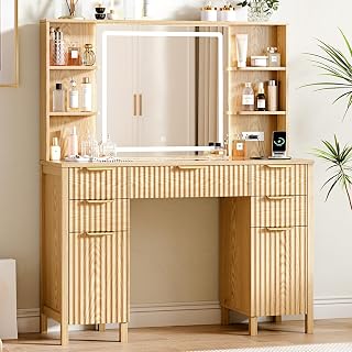 Vanity Desk with Large 27.2" Mirror and Lights 47.2" Fluted Makeup, 5 Drawer Vanity with Power Strip, 4 Open Shelves, 2 Cabinet, Modern Bedroom Vanity Featuring Visual Transparent Glass. Wood - Amazon product rated Grade A