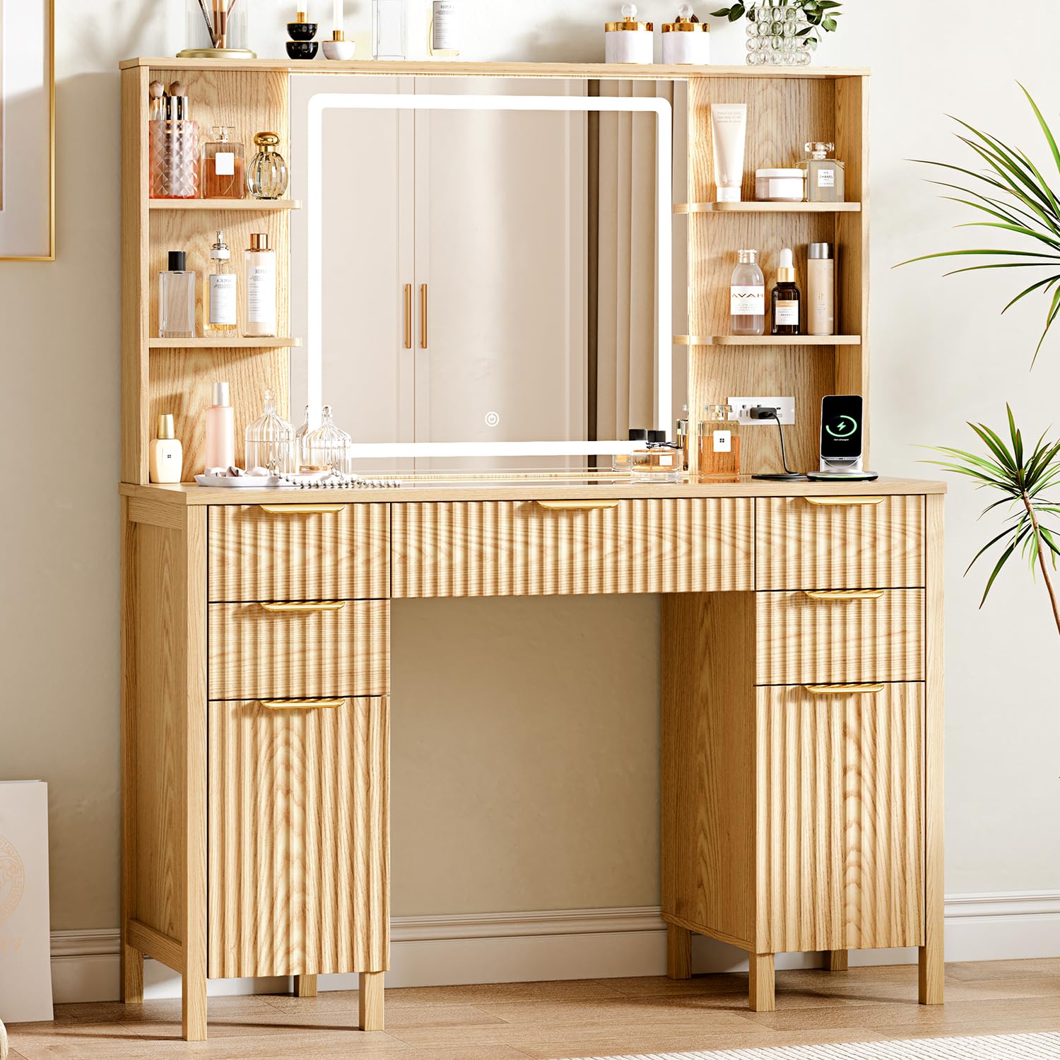 Photo 1 of Vanity Desk with Large 27.2" Mirror and Lights 47.2" Fluted Makeup, 5 Drawer Vanity with Power Strip, 4 Open Shelves, 2 Cabinet, Modern Bedroom Vanity Featuring Visual Transparent Glass. Wood