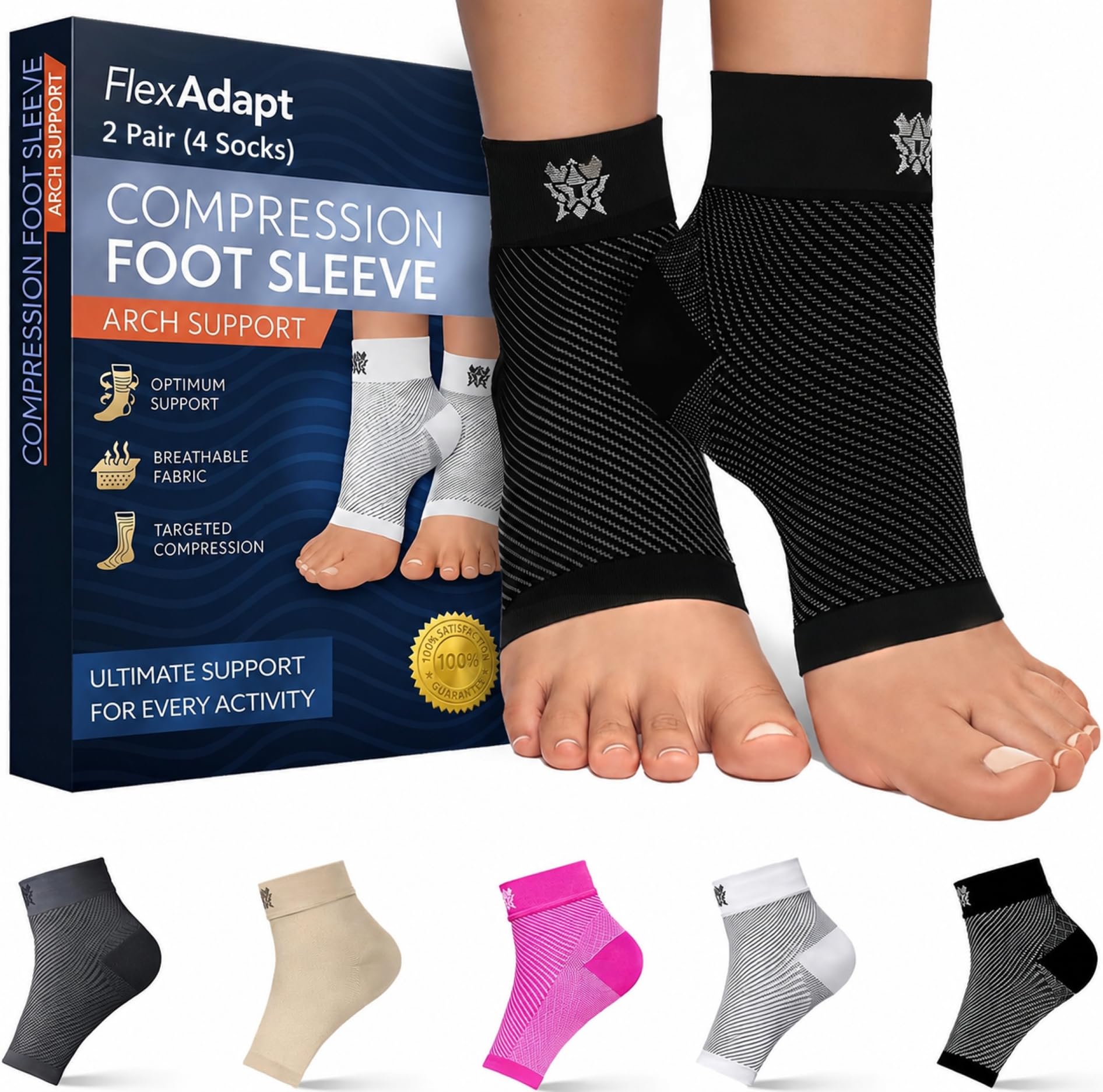 Compression Socks for Plantar Fasciitis &amp; Achilles Tendonitis Relief – 2 Pair of Ankle Compression Sleeves for Foot Swelling, Heel Spurs, Pain &amp; Fatigue – Comfortable Arch Support Brace for Daily Use (Black, Large)