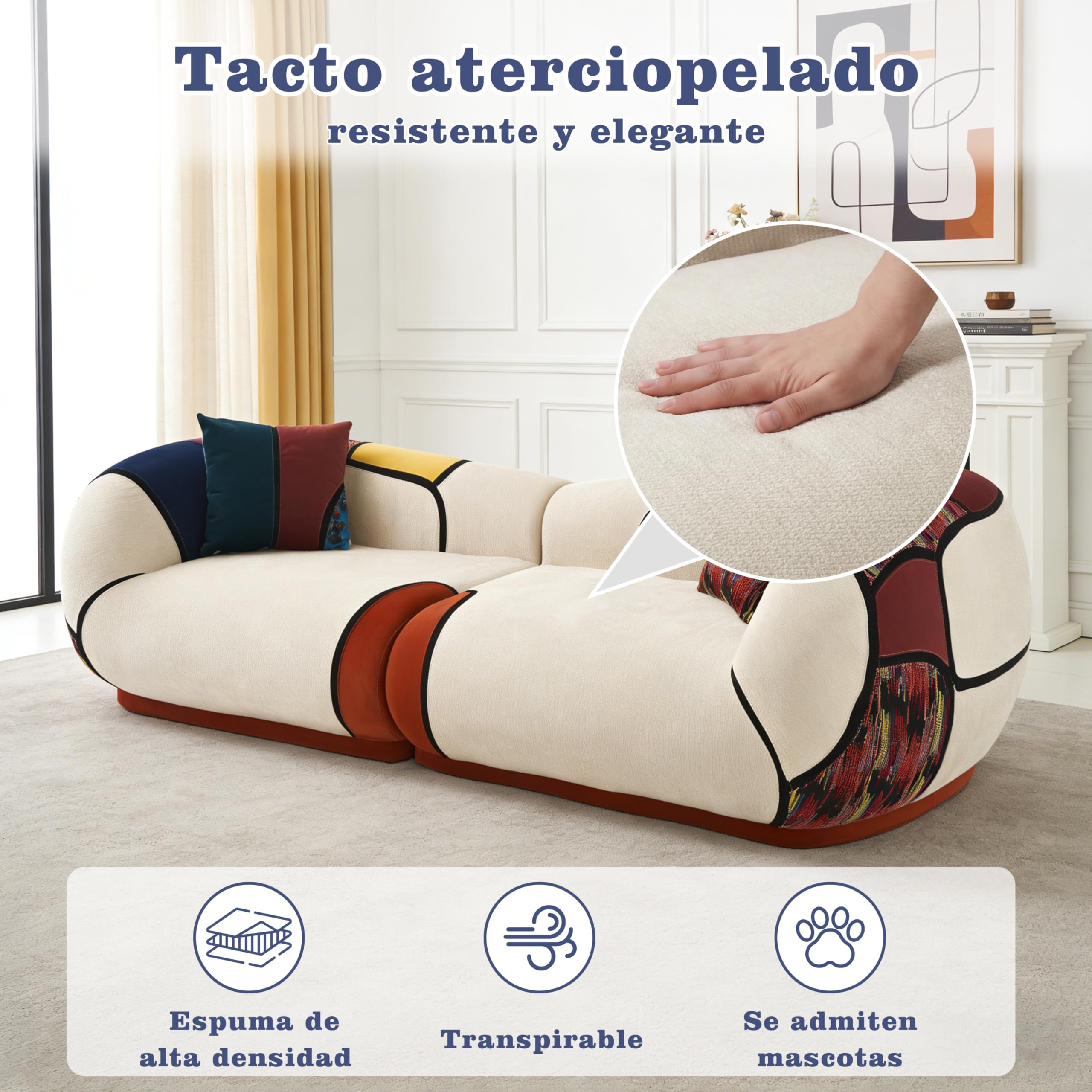 Vipbear Sofá de 3 Plazas de 265 cm, Sofá de Salon Estilo Bohemio, Tapizado de Chenilla Sin Muelles, Espuma de Alta Densidad, Modular para el Salon, No Requiere Montaje
