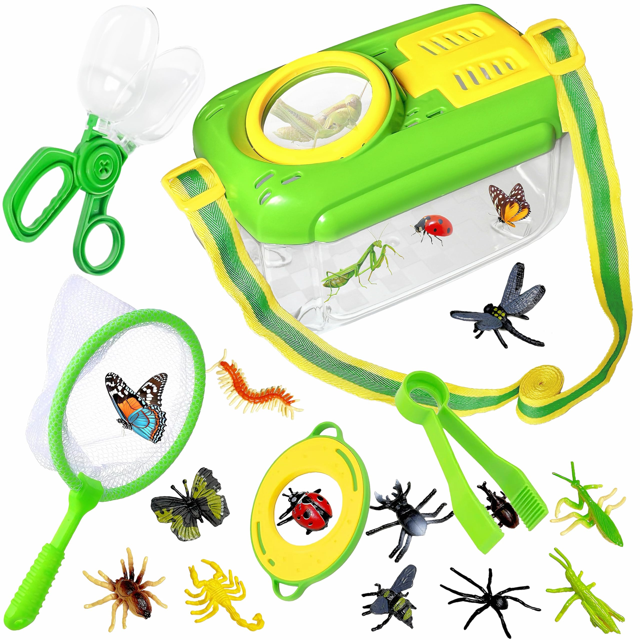 Kulveanju Bug Hunting Kits for Children, 5 Pcs Bug Catcher Kit & 12 Bug Toys, Outdoor Explorer Kit Insect Box with Magnifying Glass, Kids Outdoor Toys Gifts for Boys Girls 3 4 5 6 Years Old