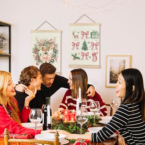 Miniatura 5 de KAOWT Póster colgante de reno de Navidad con lazo rosa coquette, bonita decoración de Navidad, decoración de pared retro festiva, árbol de Navidad,