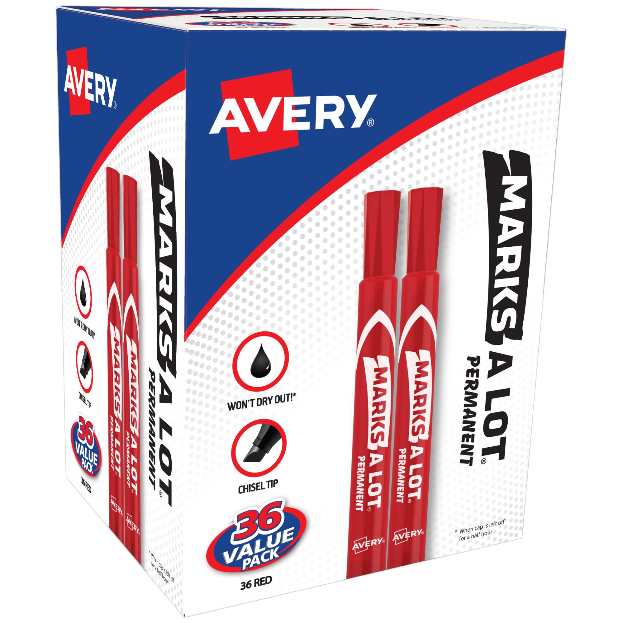 Avery Marks A Lot Permanent Markers, Chisel Tip, Red, 36 Red Markers