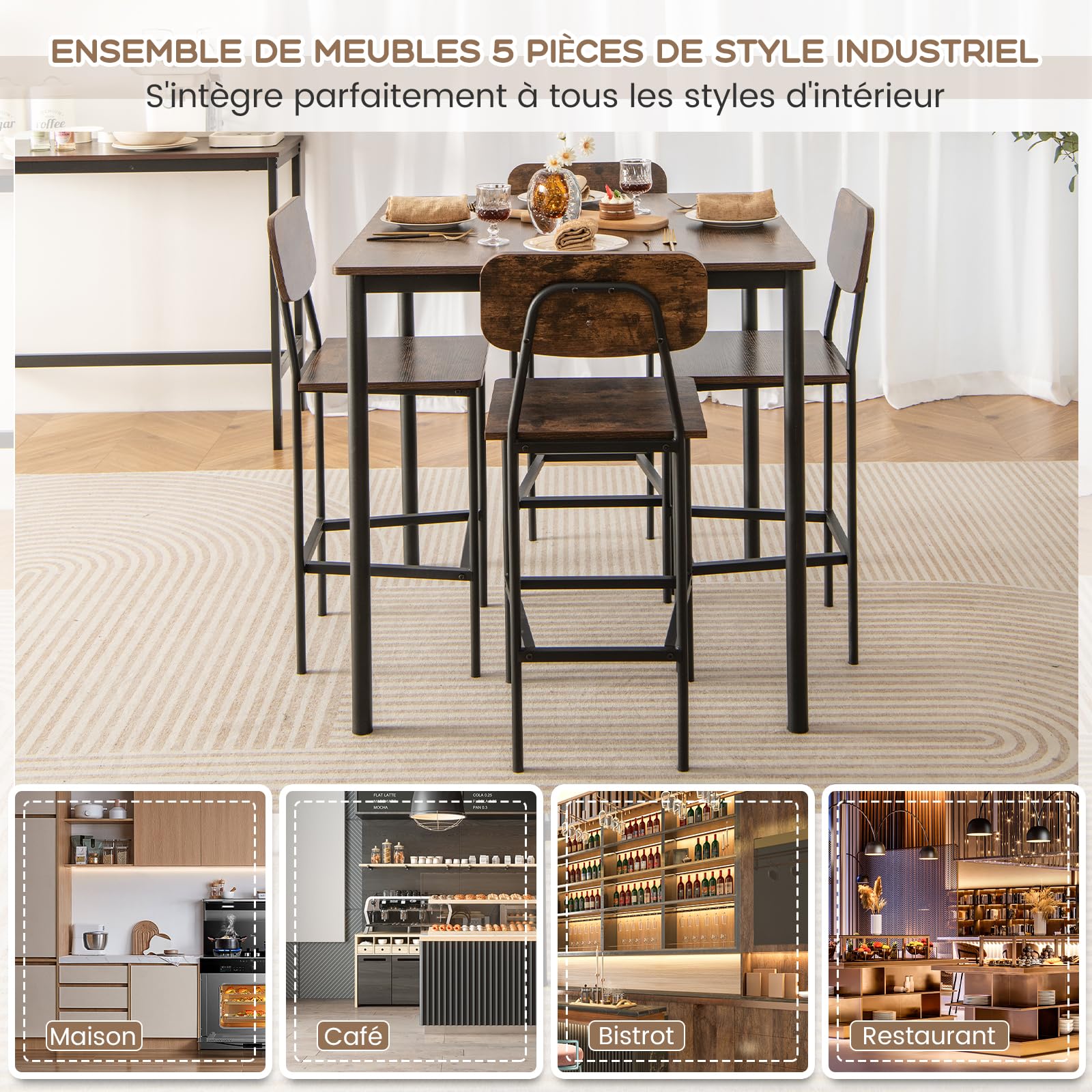 COSTWAY Ensemble Table et 4 Chaises, Table Haute Cuisine 90 x 90 cm, Tabouret avec Dossier, Mange Debout pour 4 Personnes, Design Compact, pour Cuisine, Bistro, Salon, Bar (Marron foncé)