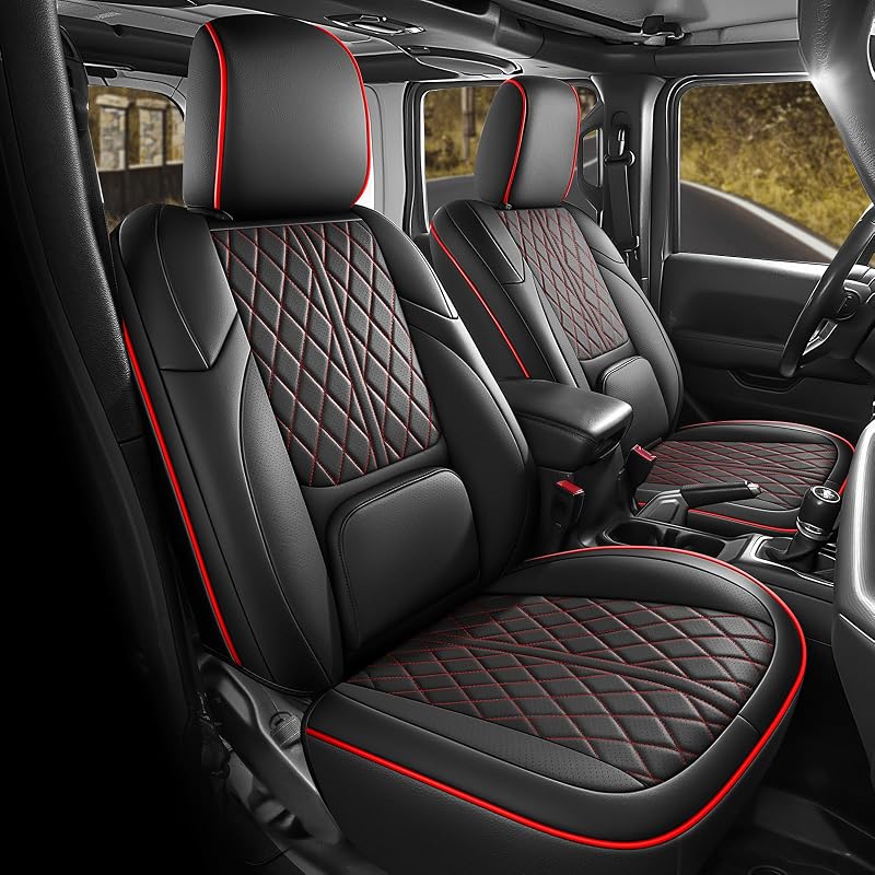 Capa de Banco Sob Medida para Jeep Wrangler JL 2018–2026 4 Portas sem Porta-Copos Traseiro em Couro Sintético Preto com Linha Vermelha Conjunto Completo