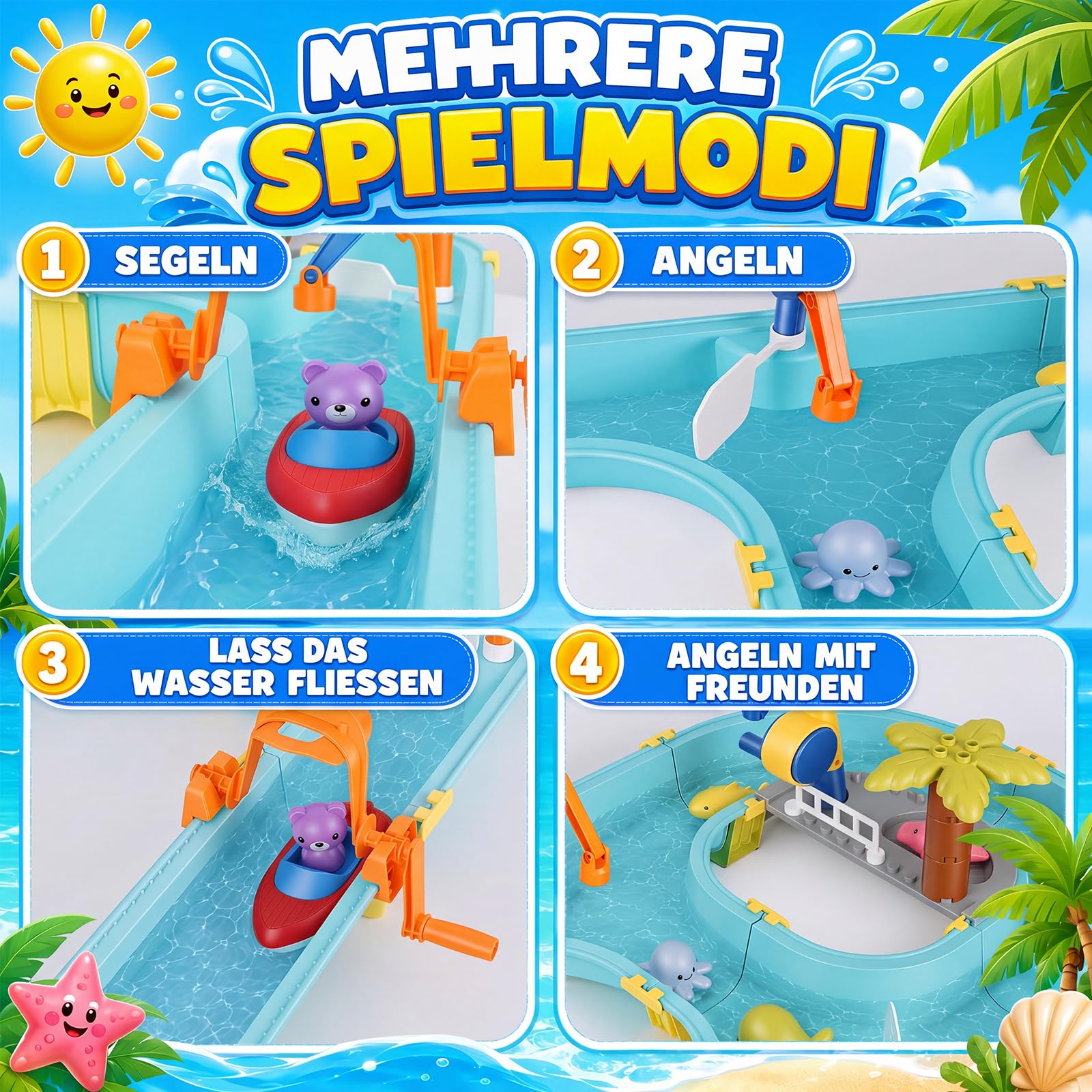 Wasserbahn Kinder Draußen 58-TLG. Wassertisch Spielzeug – Schleusen, Boote & Magnet-Angel inkl. 6 Tierfiguren | Wasserspielzeug ab 3 Jahren für Garten, Terrasse & Strand | Lernspielzeug Feinmotorik &