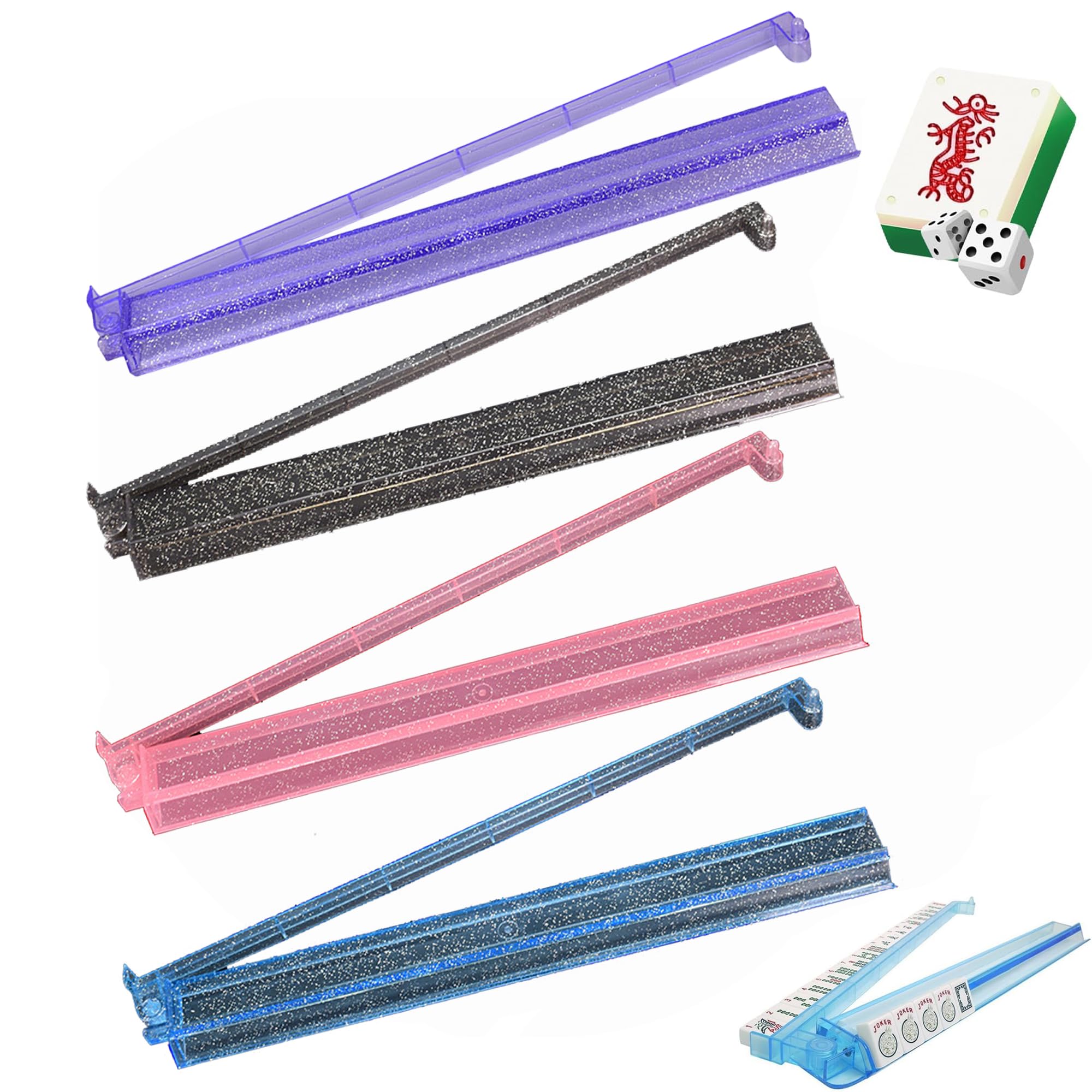 4PCS Mahjong Racks with Pushers, Clear Acrylic Mah jong, Tile Holders for American Mahjong Accessories, Multifunctional Mah-jong Pushers and Racks Set for Board Game and Dominoes Party (Silver Powder)
