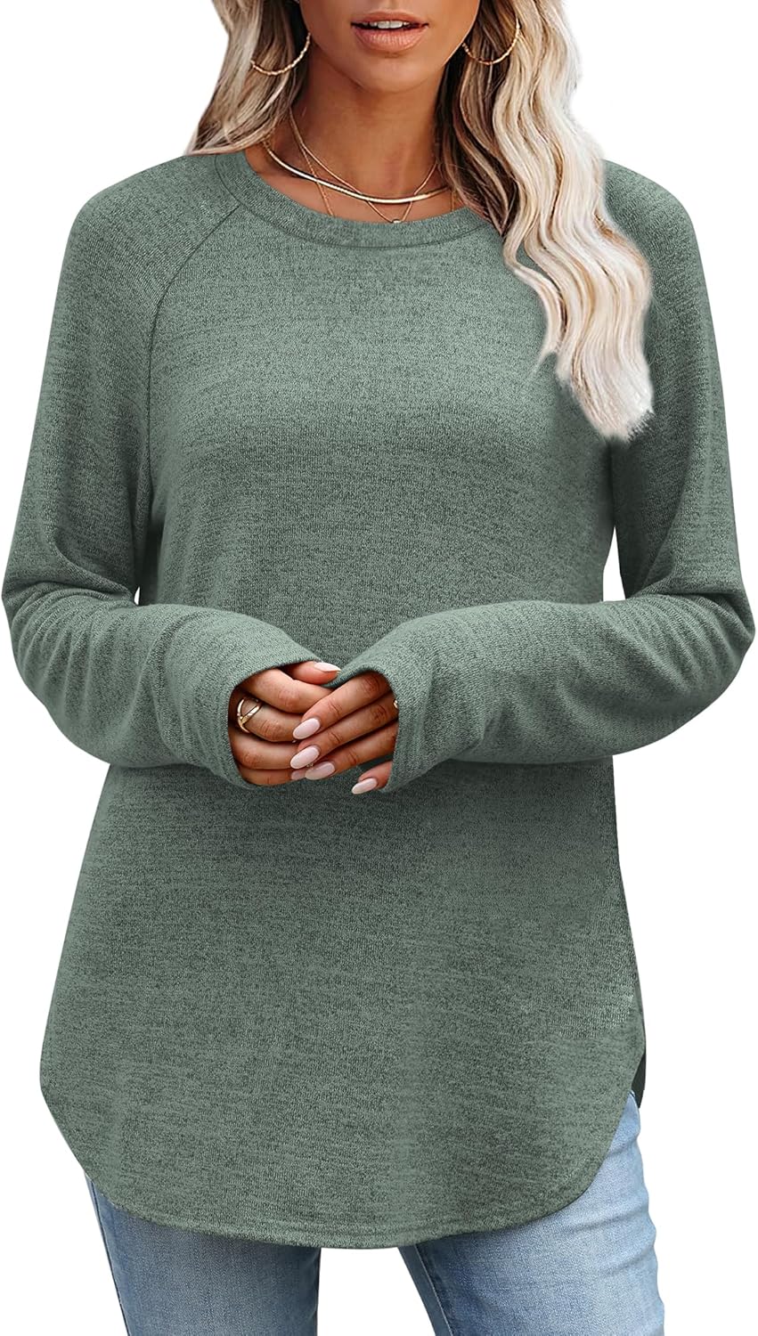 OFEEFAN Long Sleeve Shirts for Women Loose Fit Tunic Tops Dressy Casual Crew Neck Pullover Sweaters Fall Outfits Clothes 2025