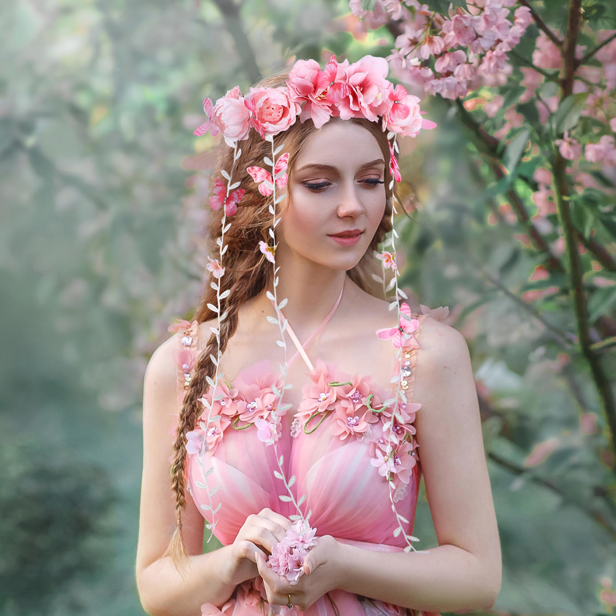 PartyforU Pink Flower Crown Headband for Women Floral Fairy Headpiece Bohemian Vine Flower Headband with Butterfly for Wedding Bridal Shower Party Renaissance - Image 3