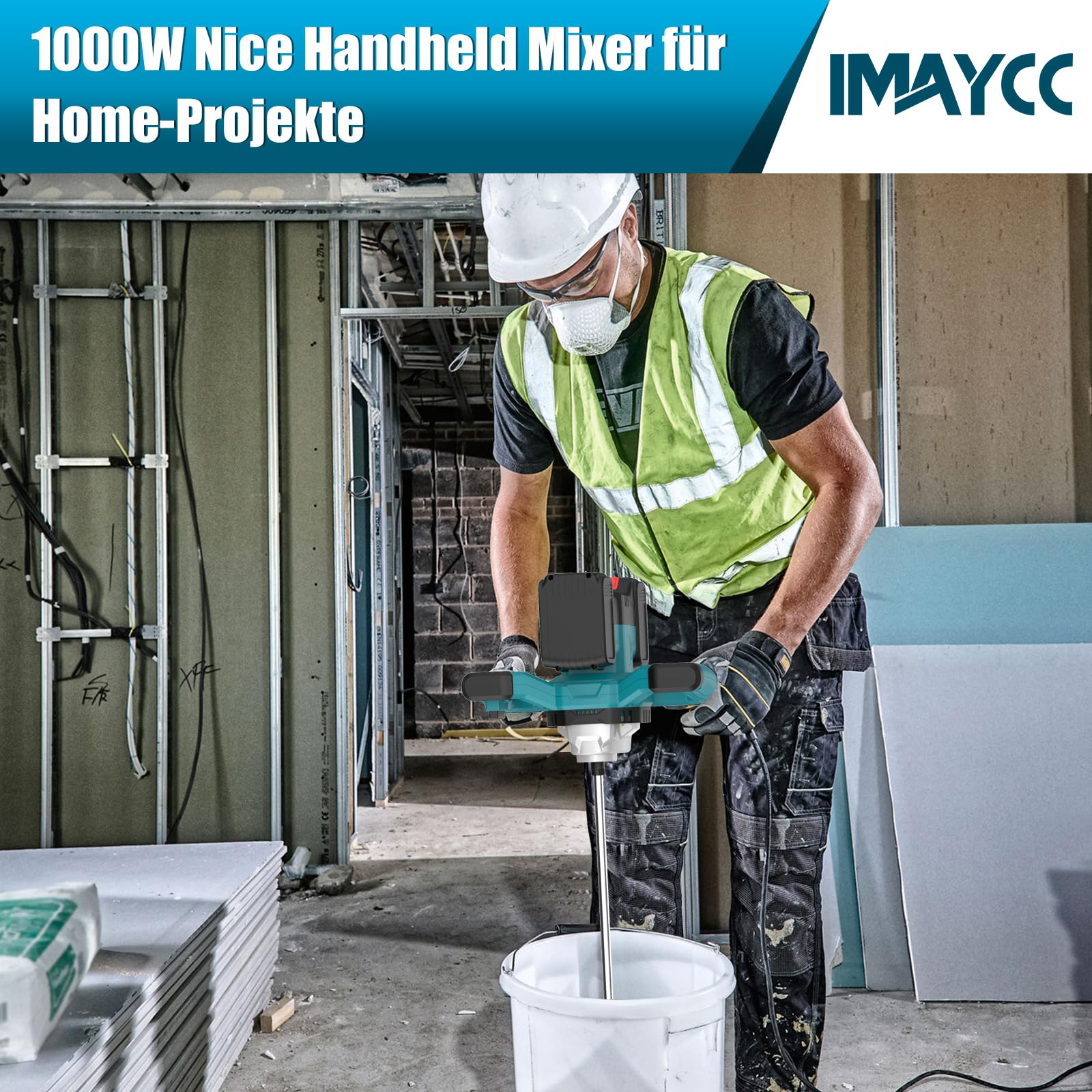IMAYCC 1000W Kabellose Mörtelrührer Elektrischer Betonmischer,21V Rührwerk Beton Mit 6-Gang-Drehzahlregulierung,Quirl Mörtelrührer M14,Rührgerät Mörtel Für Mischen,Zemen (Keine Batterie Enthalten)