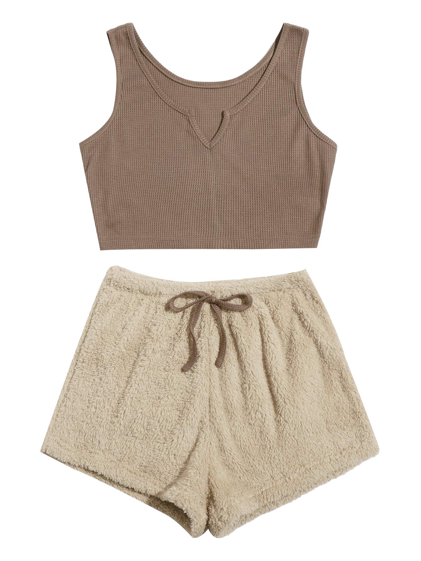 VerdusaWomen's Notched Tank Top & Tie Front Teddy Shorts Lounge Pajama Set