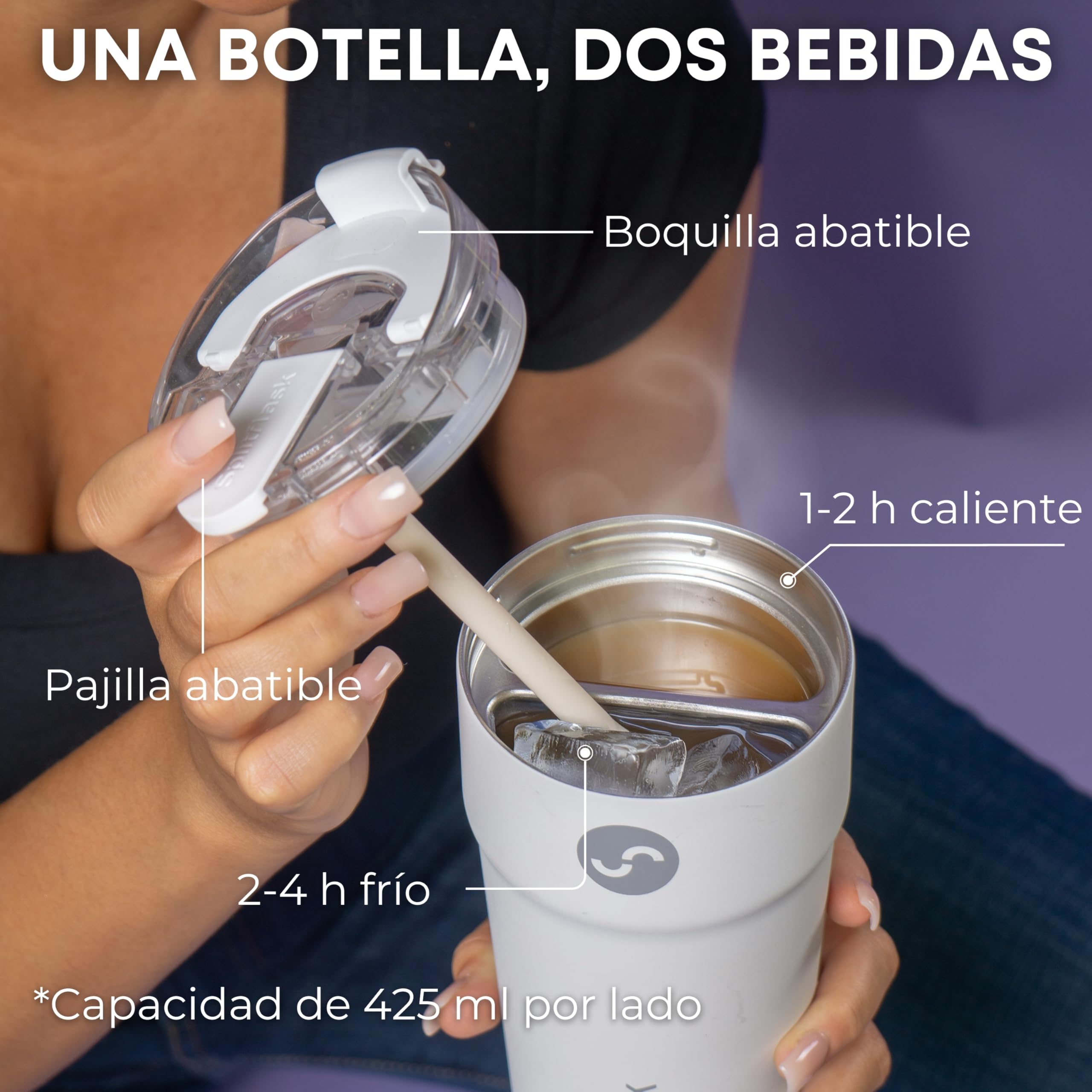 Splitflask Vazo de viaje 2 en 1 – 850ml Botella térmica de doble compartimento, Taza de acero inoxidable hermética, Bebidas calientes y frías, Botella para café y agua