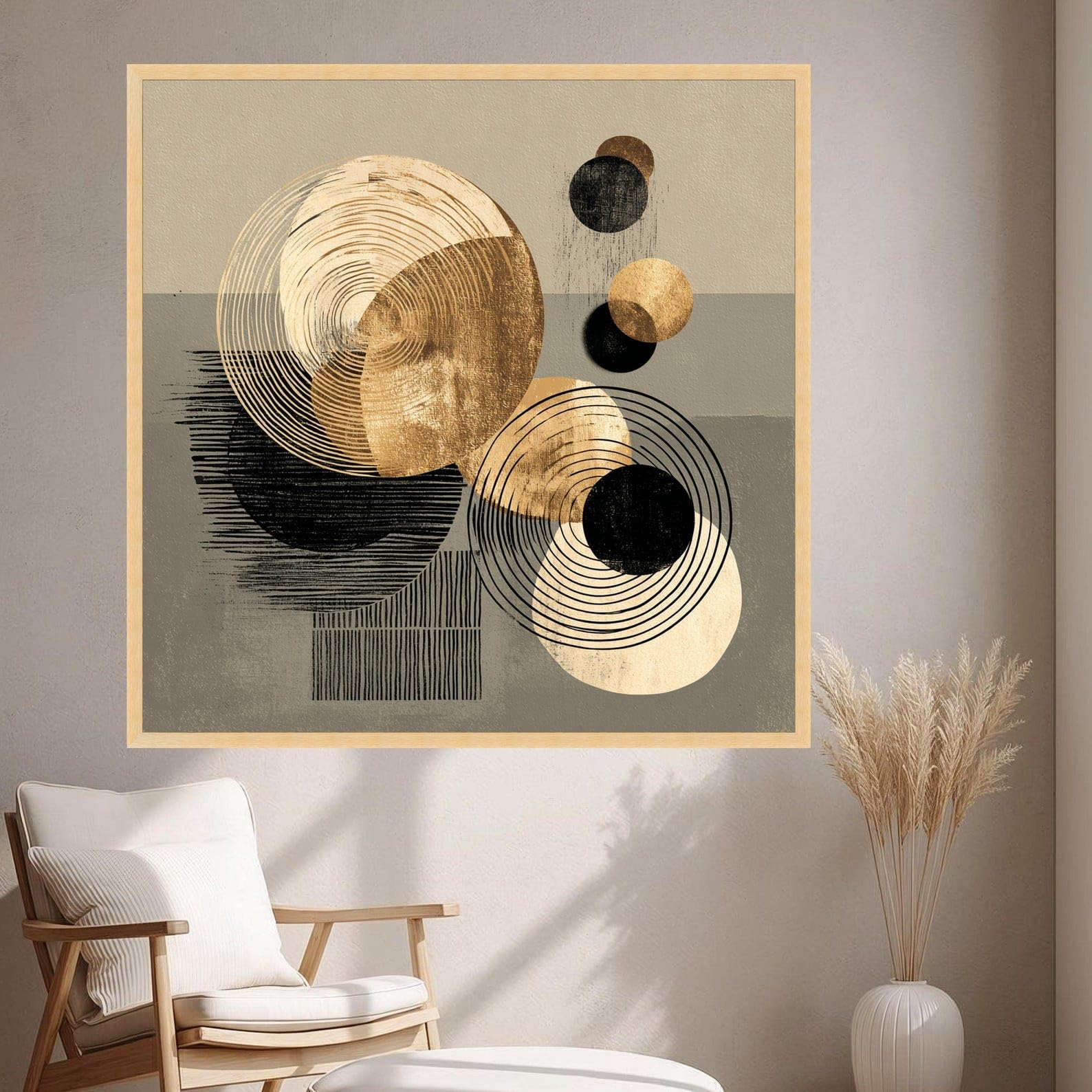 LMYCHENG Abstract Circles Canvas Prints, Geometric Wall Art, Gold and Black Canvas, Minimalist Canvas Design Painting(70x70cm/Frameless)