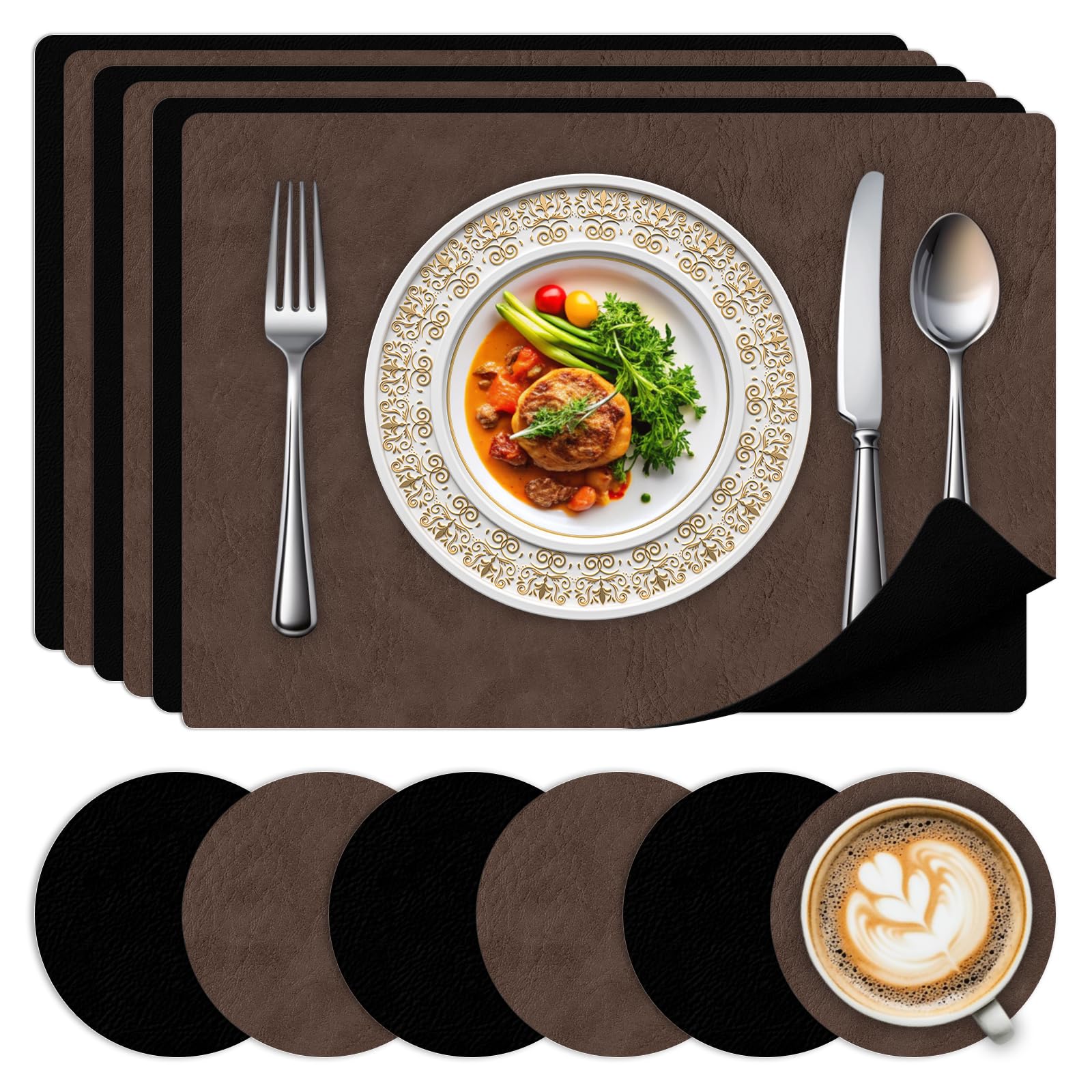 BLESWIN Faux LeatherPlacemats and Coaster Sets 6 - Thickened Dining Table Mats, Anti-Slip Backing, Perfect Dark Brown+Black