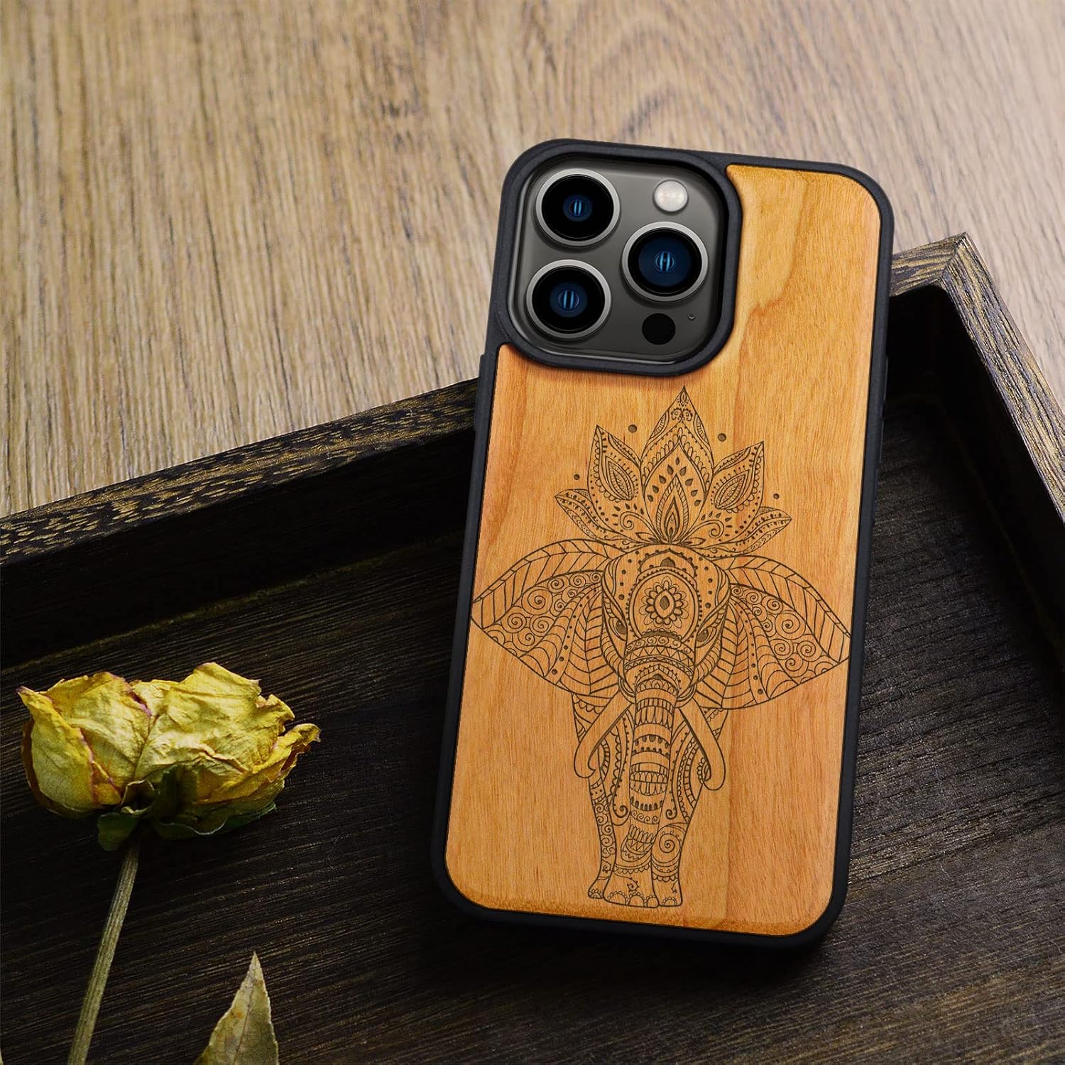 Carveit Magnetic Wood Case for iPhone 14 Pro Case [Natural Wood & Black Soft TPU] Unique & Classy Wooden Shockproof Protective Cover Compatible with magsafe (African Tribal Elephant -Cherry)