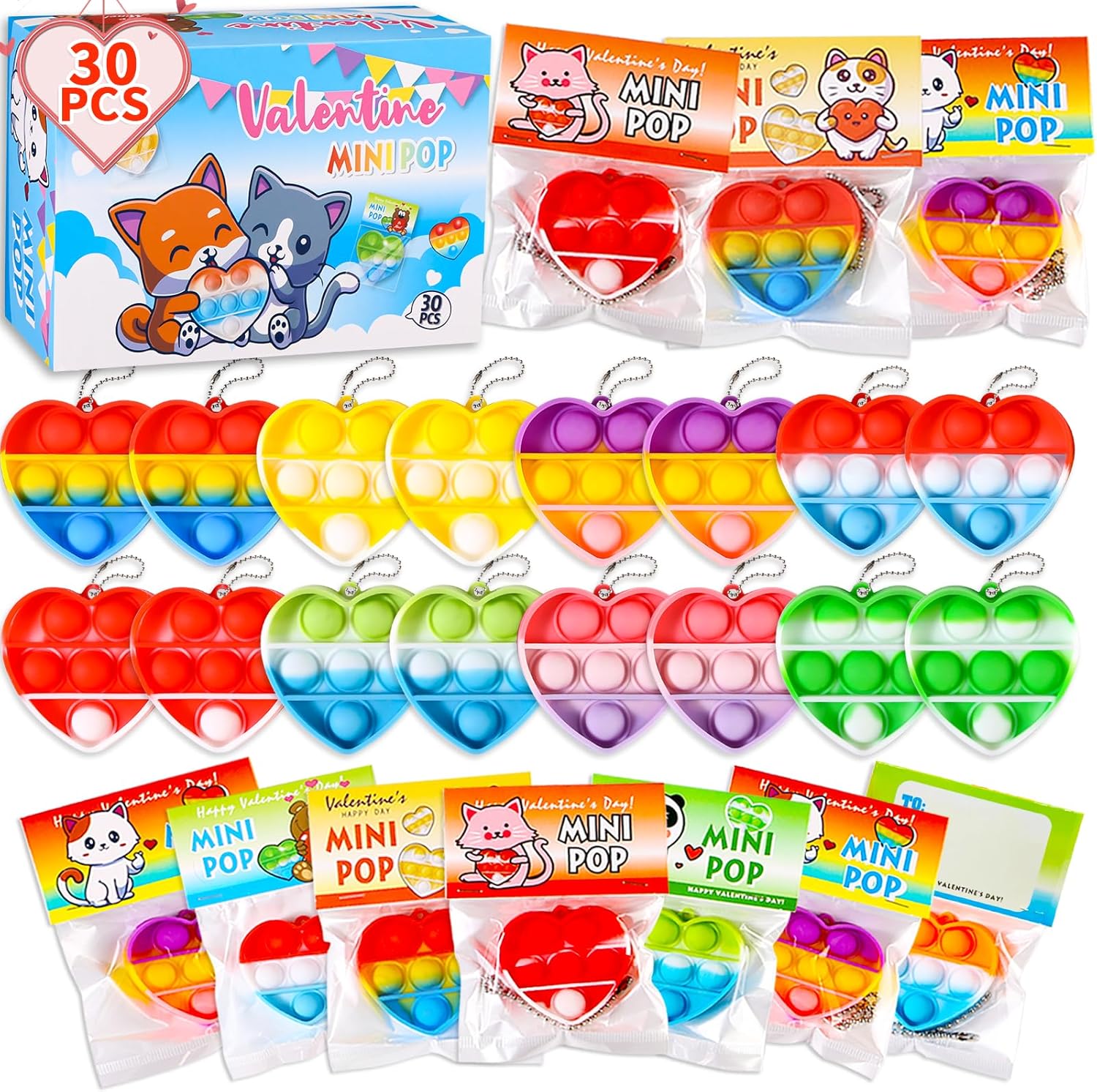 Valentines Day Gifts for Kids - Prefilled 30 Valentines Cards with Mini Pop Fidget Toys Bulk- Valentine Exchange Gift for Classroom,School Party Favors for Kids,Valentine's Day Prize Toys