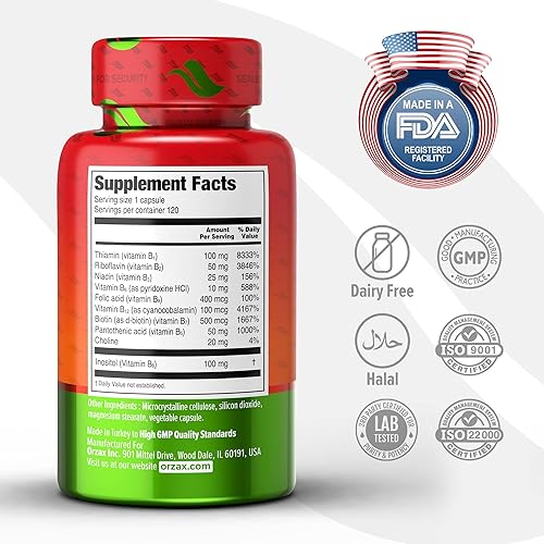 Miniatura 2 de ORZAX Suplemento complejo de vitamina B para mujeres y hombres con colina, inositol, metabolismo energético equilibrado, salud inmune y nerviosa