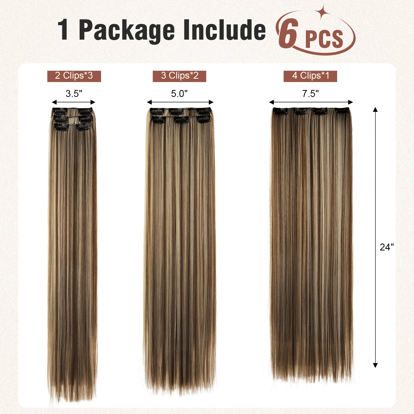 FLUFYMOOZ 6PC Clip in Hair Extensions 24" Straight Long Extensions for Women Synthetic Hairpiece (Chocolate Brown with Blonde Highlights) - Image 4