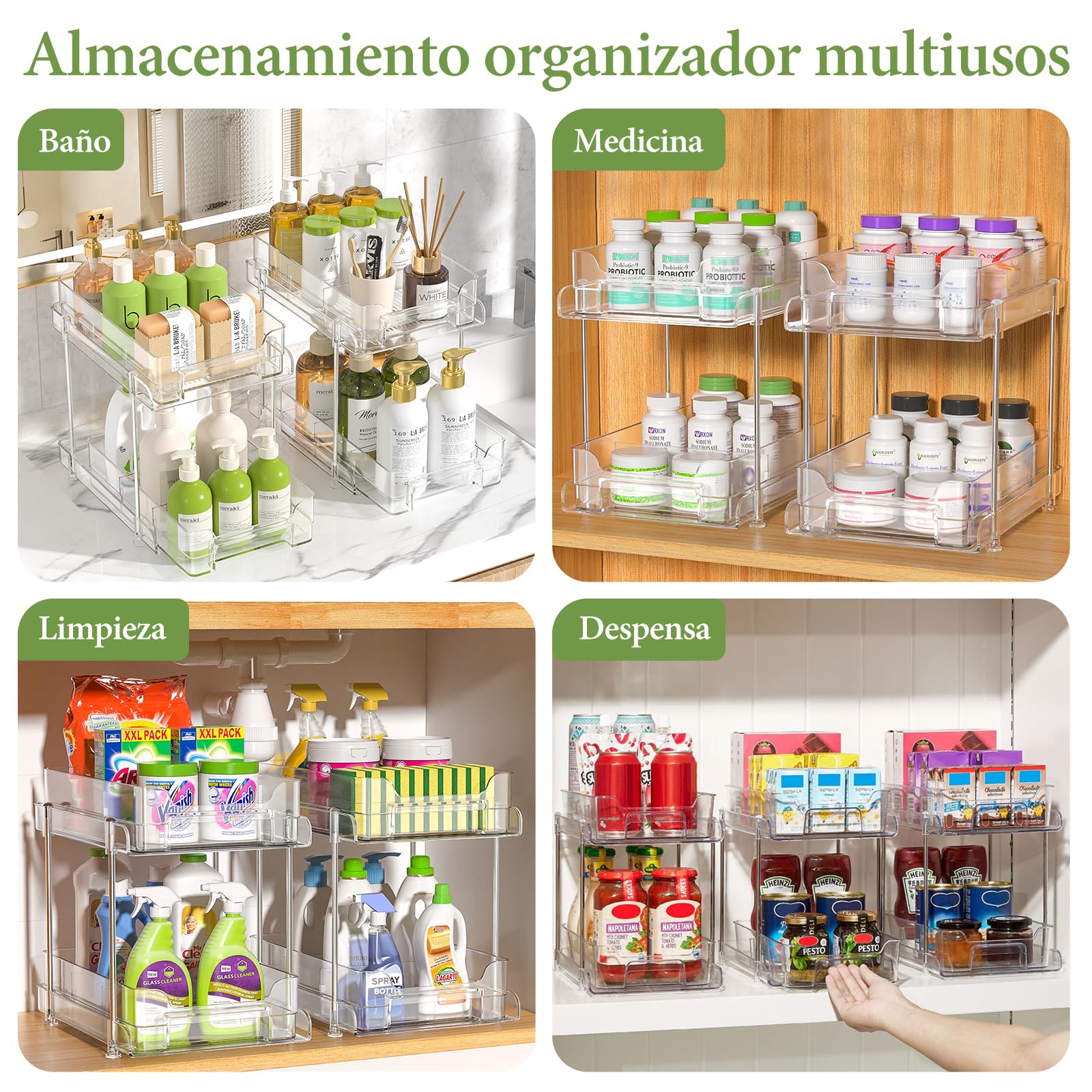 2 Paquete Organizador Cocina Debajo del Fregadero, 2 Niveles Extraíble Estante Almacenamiento, Maquillaje, Baño, Productos de Limpieza, Cajones